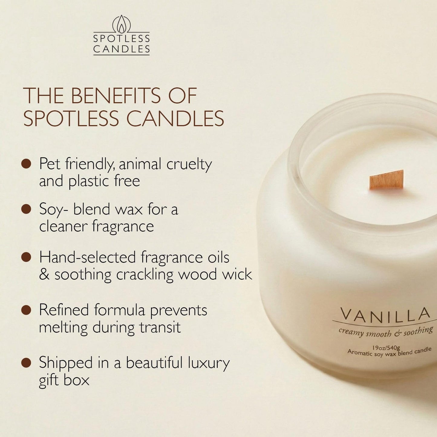 Vanilla Volcano Candle 19oz: 80-Hour Burn, Creamy Smooth Vanilla Scent, Hybrid Soy Wax, Crackling Wood Wick, Cream Matte Glass Jar, Gold Foil Gift Box by Spotless Candles