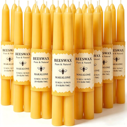 10 in Beeswax Taper Candles,18 Pack Dripless Pure Beeswax Candle Sticks,9-10 Hours Long Burning Natural Bees Wax Candles for Home,Unscented Smokeless Tapered Candlesticks for Dinner