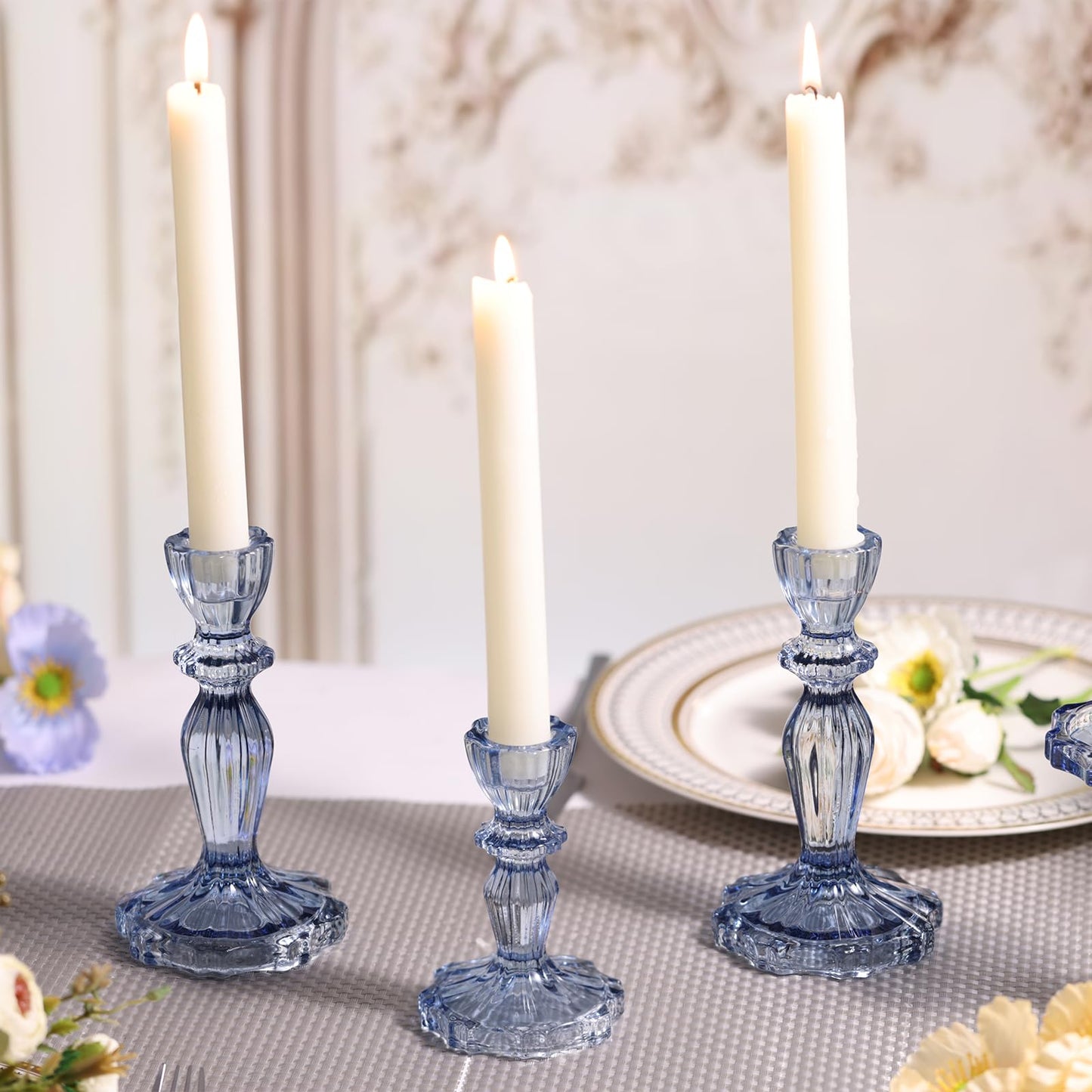 Simeitol Blue Candlestick Holders Set of 6, Taper Candle Holders, 4.3" H & 6.3" H Glass Candle Holder for Candlesticks & Pillar Candles, Candle Holder for Table Centerpieces and Wedding Decor