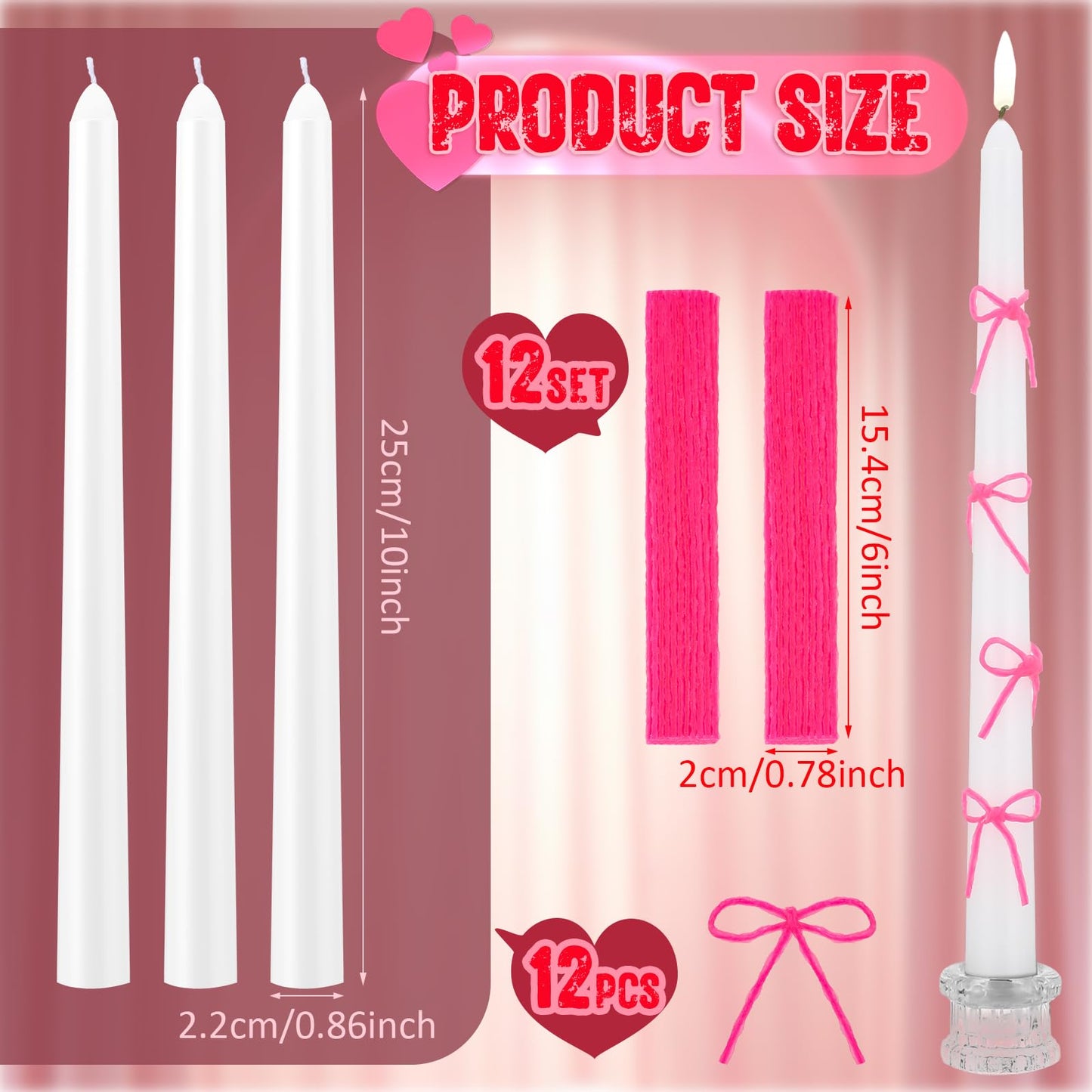 Conelist 12 Set Pink Bow Taper Candles Coquette Birthday Decoration Candles White Candlesticks with Wax Stick for Bridal Shower Wedding Dinner Decorations for Birthday Anniversary Party