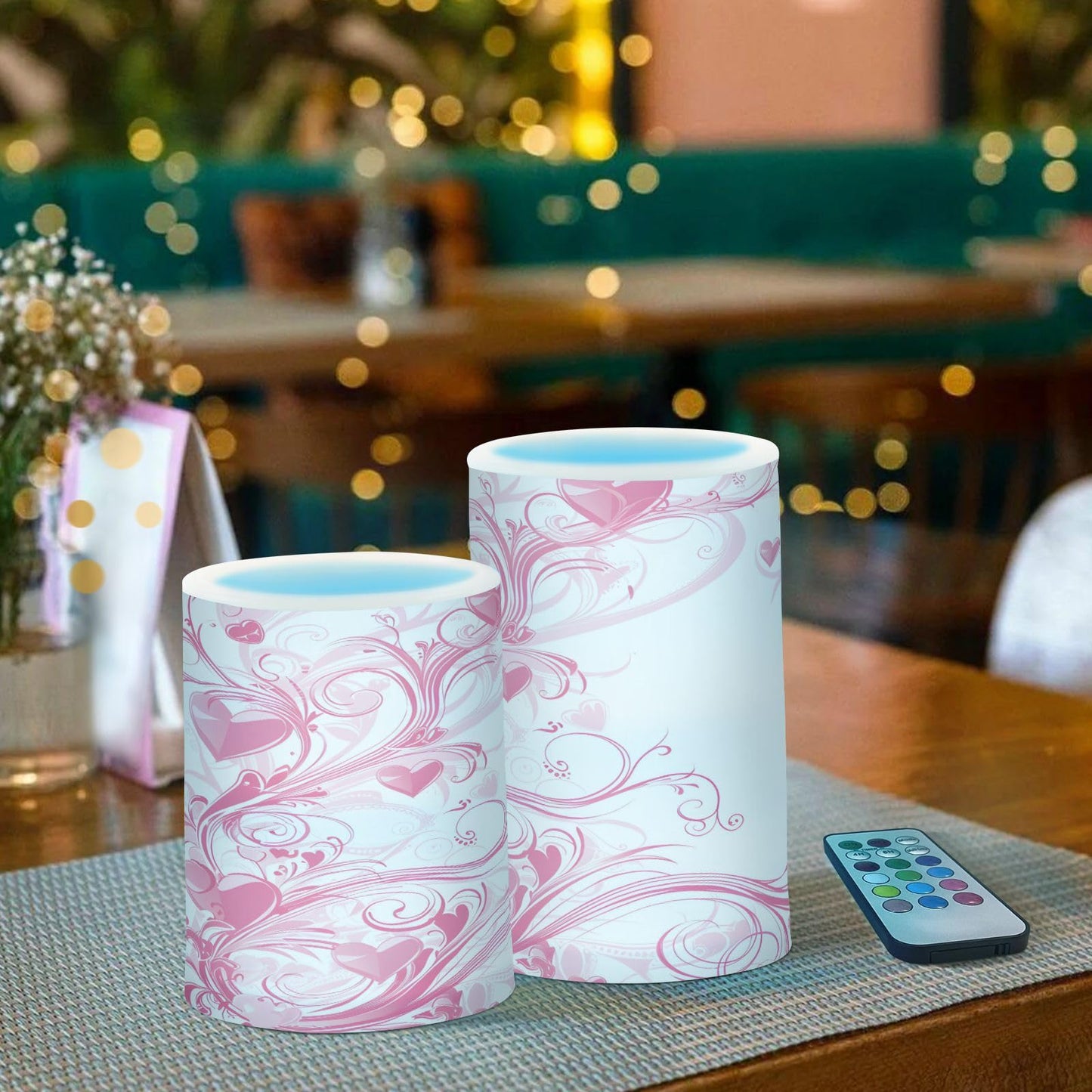 ALAZA Pink Hearts Swirls Flickering Flameless Candles Battery Operated with Remote Timer,Tea Light Candles LED Pillar Votive Candles Set of 2 for Outdoor Indoor Decorations