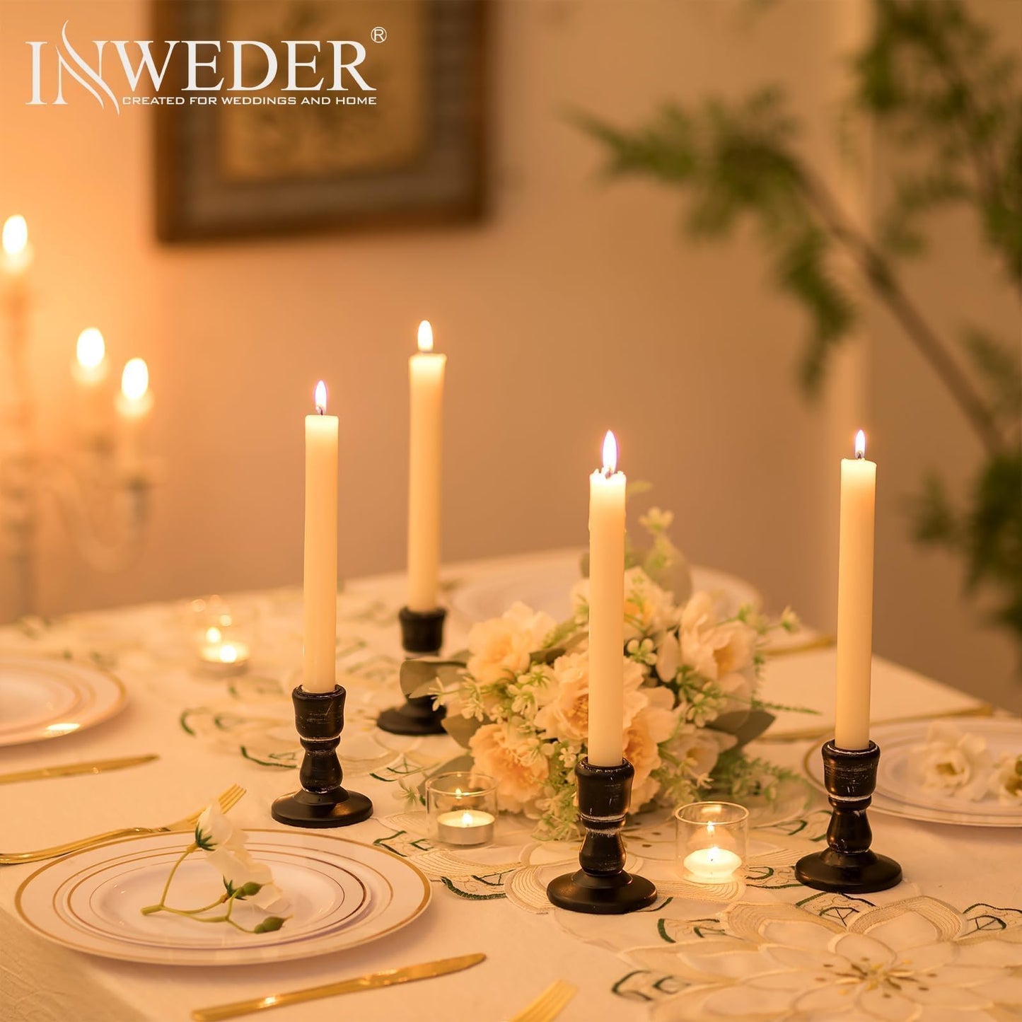 Inweder Wooden Taper Candle Holders: Wood Candlestick Holders Rustic Black Farmhouse Fall Decor for Halloween Living Room Dinning Table Centerpiece Christmas Set of 2