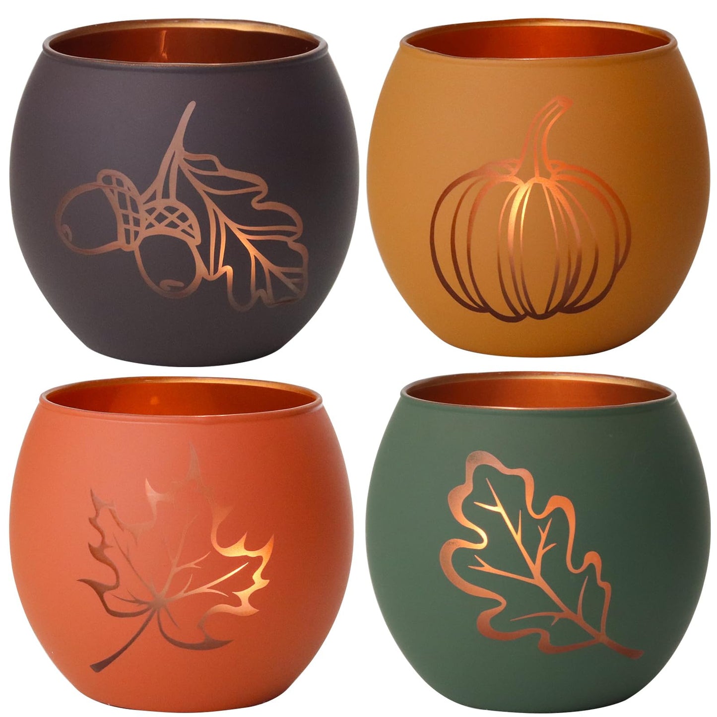 Fall Candle Holders Set of 4, Glass Tealight Votive Holders, Indoor Outdoor Thanksgiving Table Decor with Laser-Etched Maple Leaf and Pumpkin Design, Autumn Party Wedding Table Centerpieces (Brown)