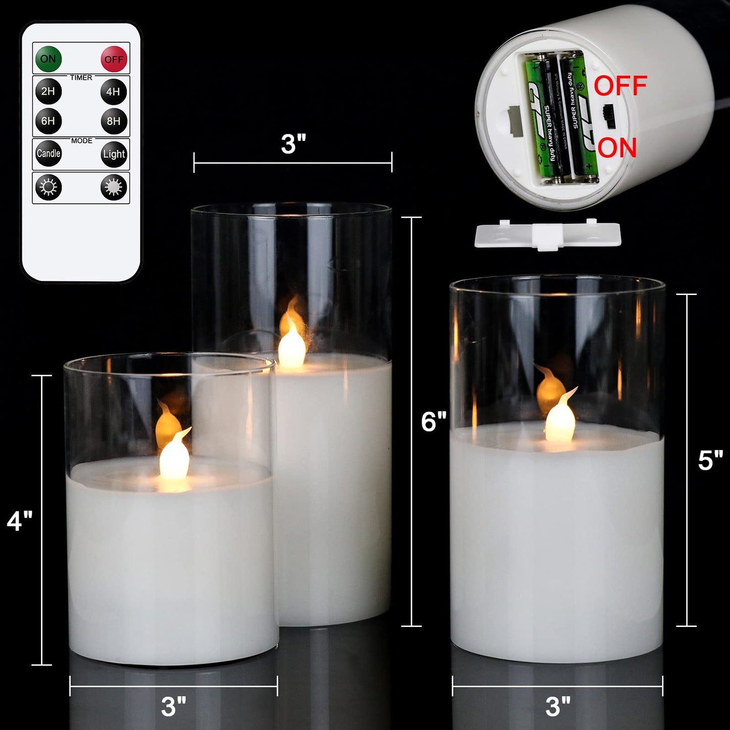 GenSwin Clear Glass Battery Operated Flameless Led Candles with 10-Key Remote and Timer, Real Wax Candles Warm White Flickering Light for Home Decoration(Set of 3)