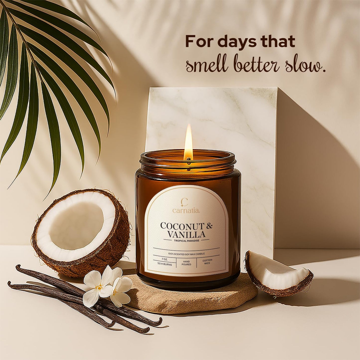 Carnatia Coconut & Vanilla Scented Candle – 7 oz | 100% Soy Wax with Cotton Wick | 50 Hour Burn | Aromatherapy Candle for Home, Stress Relief & Relaxation | Gift for Women & Men
