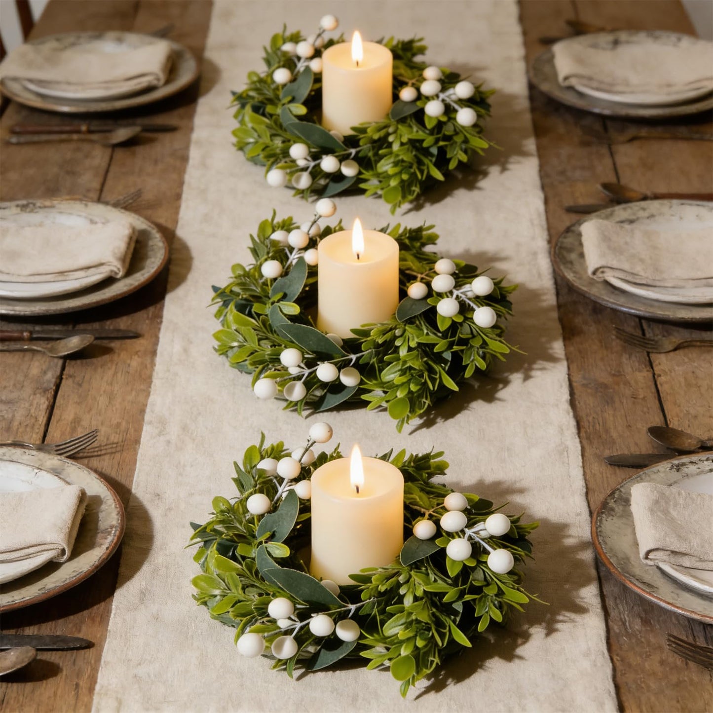 6 Pcs Small Spring Summer Candle Ring Wreaths with Artificial Boxwood Greenery White Berry Branches Mini Pillar Candle Holder Wreath for Home Table Centerpieces Kitchen Wedding Farmhouse Party Decor