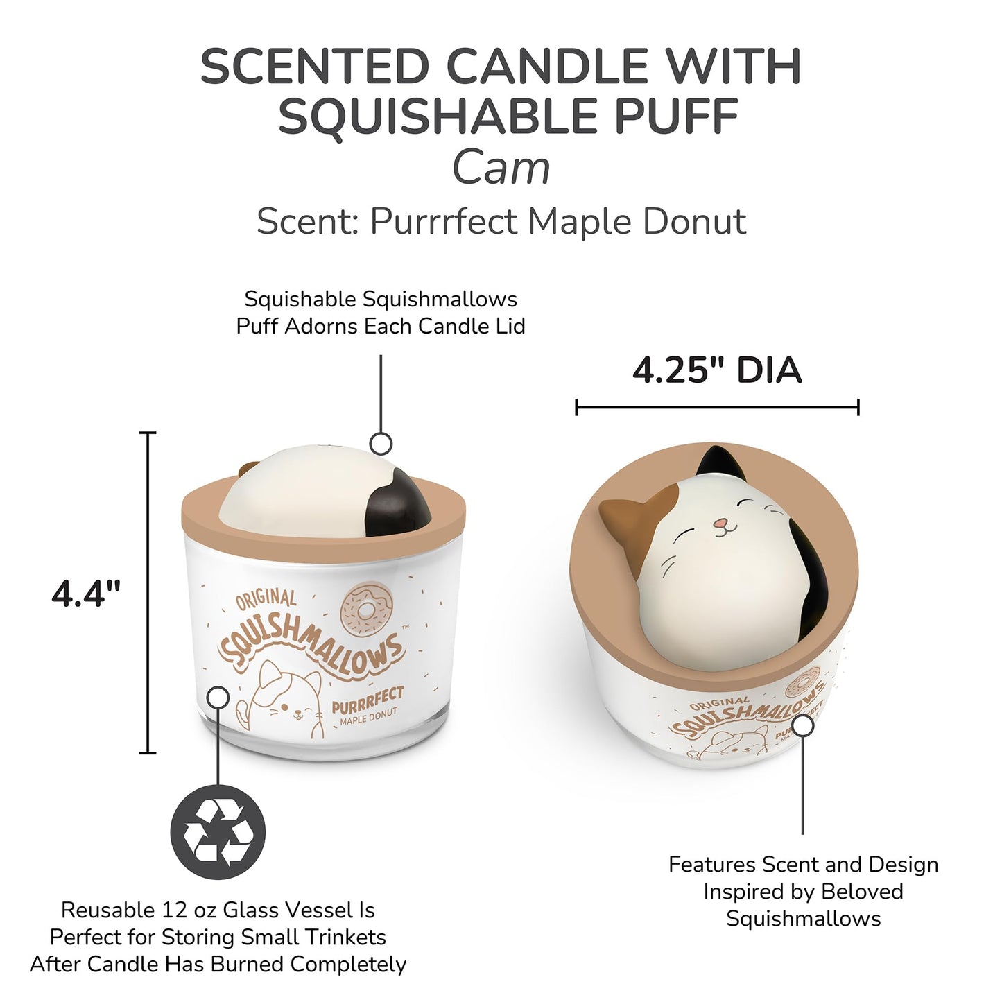 Studio Oh! x Squishmallows Scented Candle, Cam Purrrfect Maple Donut Maple, Cinnamon, Nutmeg & Vanilla, 12 oz, 38 Hour Burn, Reusable Jar, Scented Candles for Home, Relaxing Calming Candle