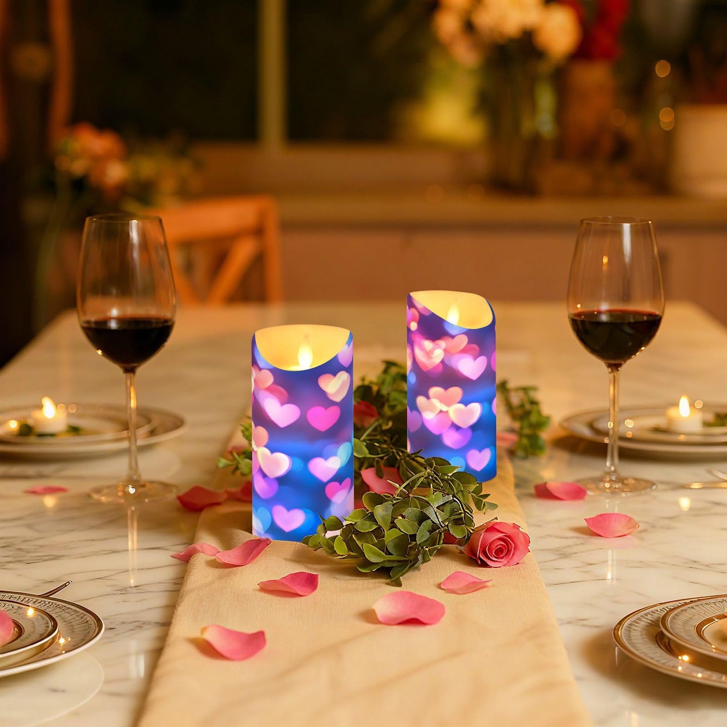 Valentines Flameless Candles Set of 2 Pink Blue Heart Neon Pattern Realistic LED Candles with Remote Battery Operated Holiday Decorations