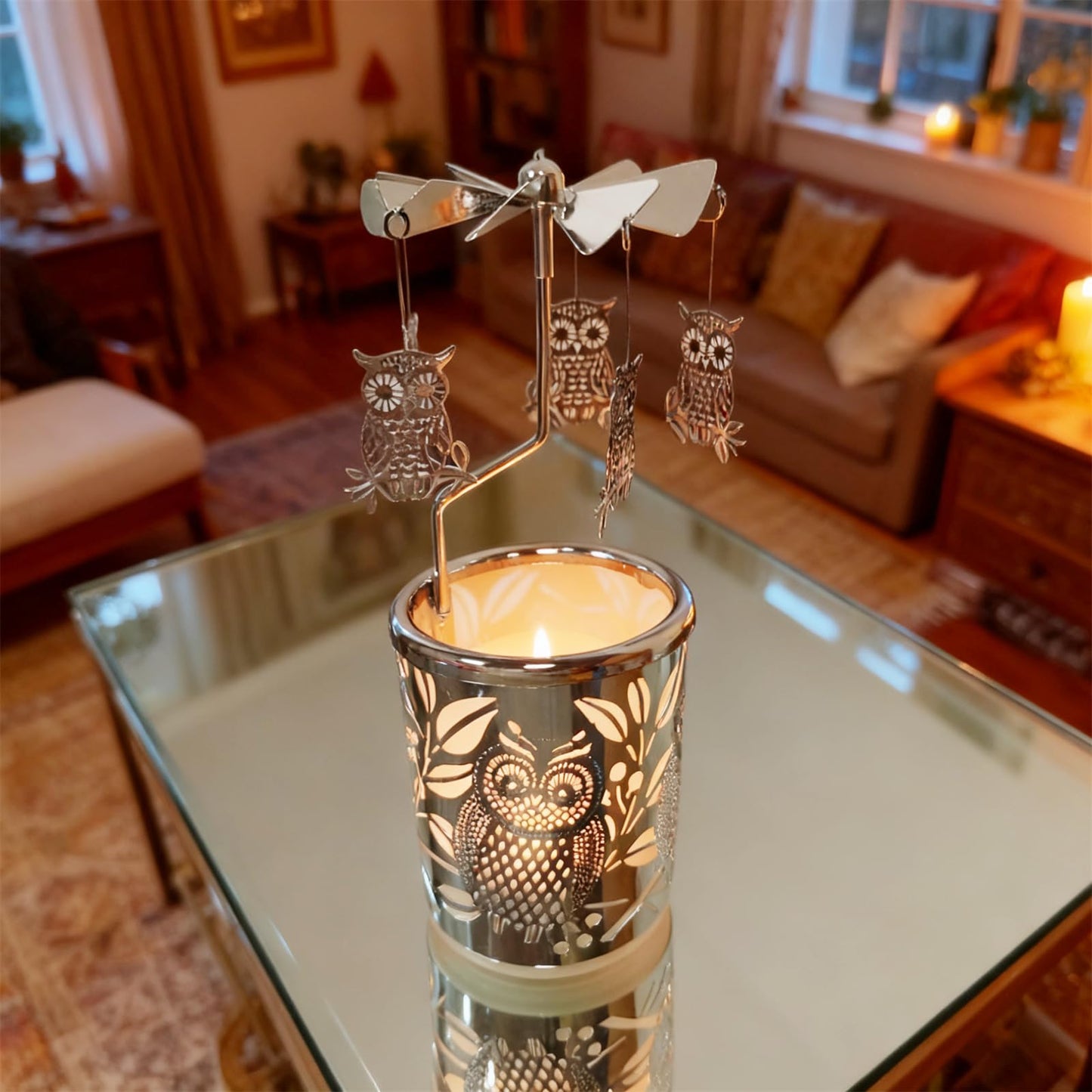 Carousel Rotary Candle Holder Spinning Birthday Gifts for Women, Mom, Wife, Girlfriend, Sister, Her, Metal Windmill Tea Light for Female Friends (Silver owl)