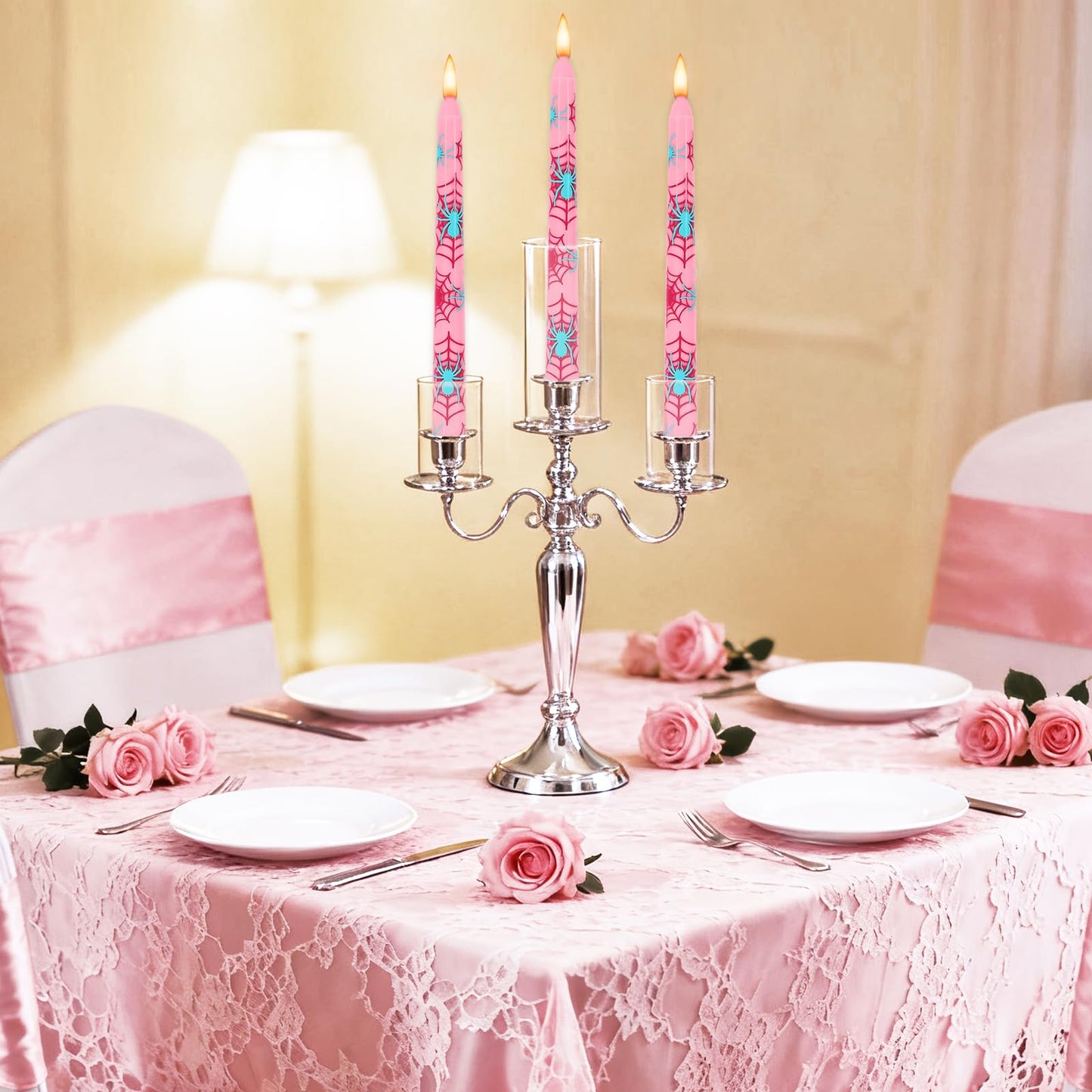 JarThenaAMCS 6Pcs Pink Spider Taper Candles 10 Inch Spider Web Birthday Decorative Candles Long Unscented Candle Sticks for Birthday Halloween Party Decor
