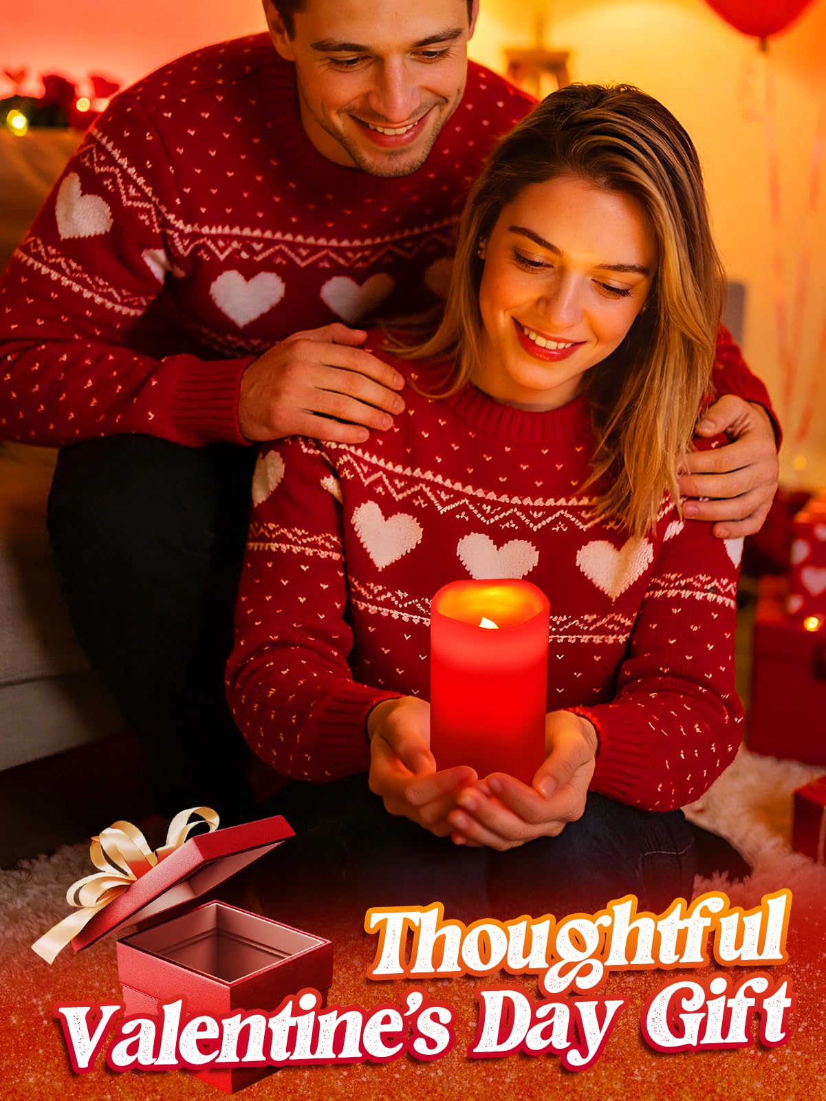 Beeplove Valentines Decorations Flameless Candle with Heart Projection - Red LED Candle, Romantic Decorations for Date Night Valentine's Day Party Home, Battery Operated