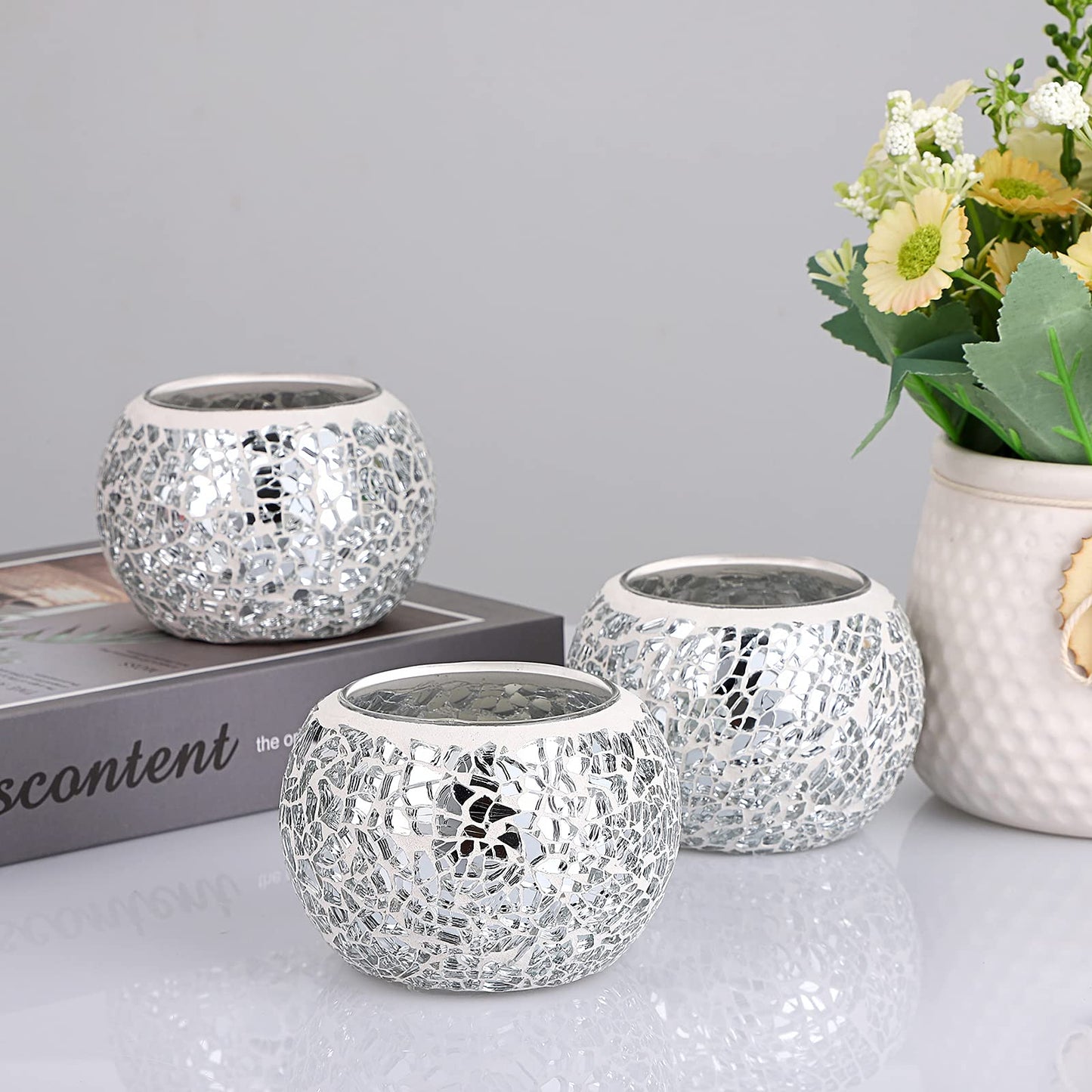 OwnMy 3PCS Mosaic Glass Tea Light Holders Round Bowl Votive Candle Holders Pillar Candle Stands, Silver Glass Mosaic Tealight Holders Potted Plant Bowl Vase Candle Centerpiece for Dining Table Wedding