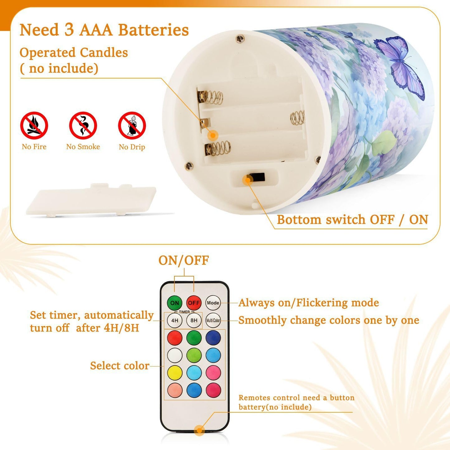 ALAZA Blue Hydrangea Flowers with Butterflies Flickering Flameless Candles Battery Operated with Remote Timer,Tea Light Candles LED Pillar Votive Candles Set of 2 for Outdoor Indoor Decorations