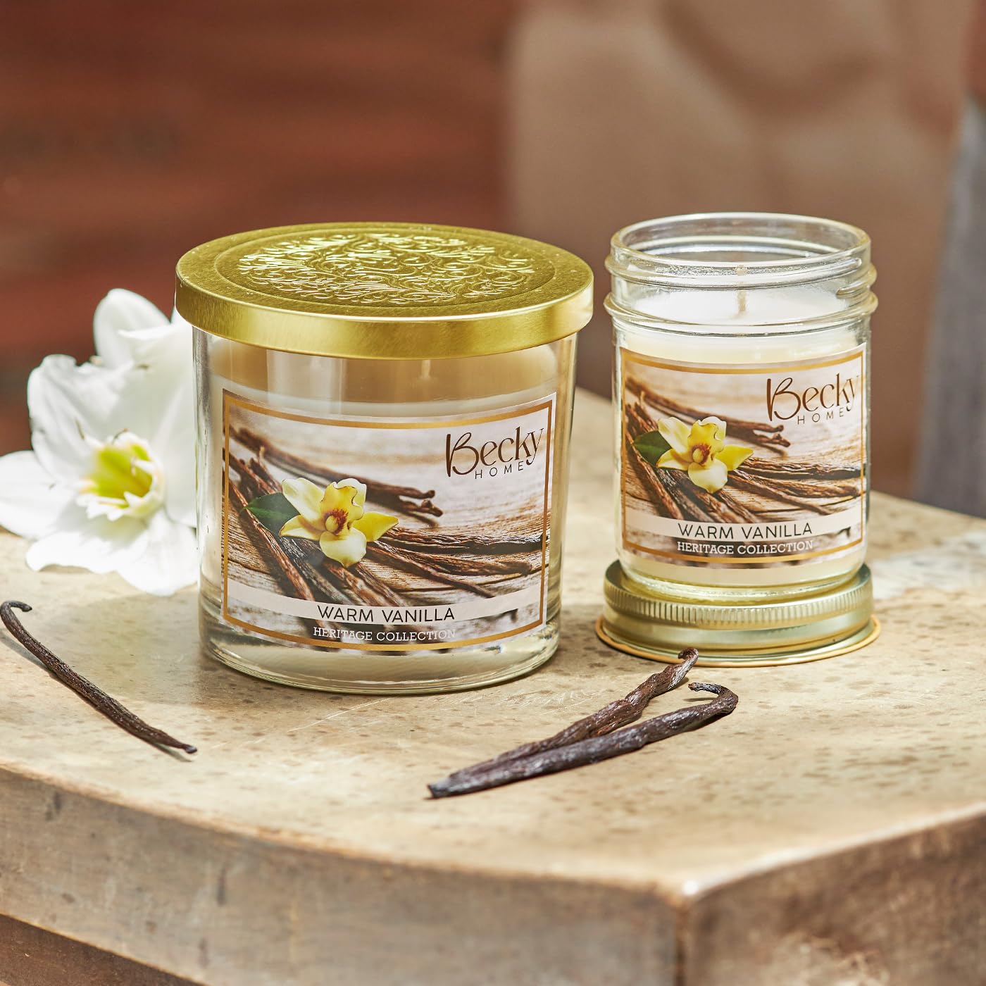 Becky Home Warm Vanilla 3 Wick Candle, 14.5oz, Large, Traditional, White, Glass Jar, 4" H x 4" D, 60+ Hour Burn Time, Indoor Use, 1 Count