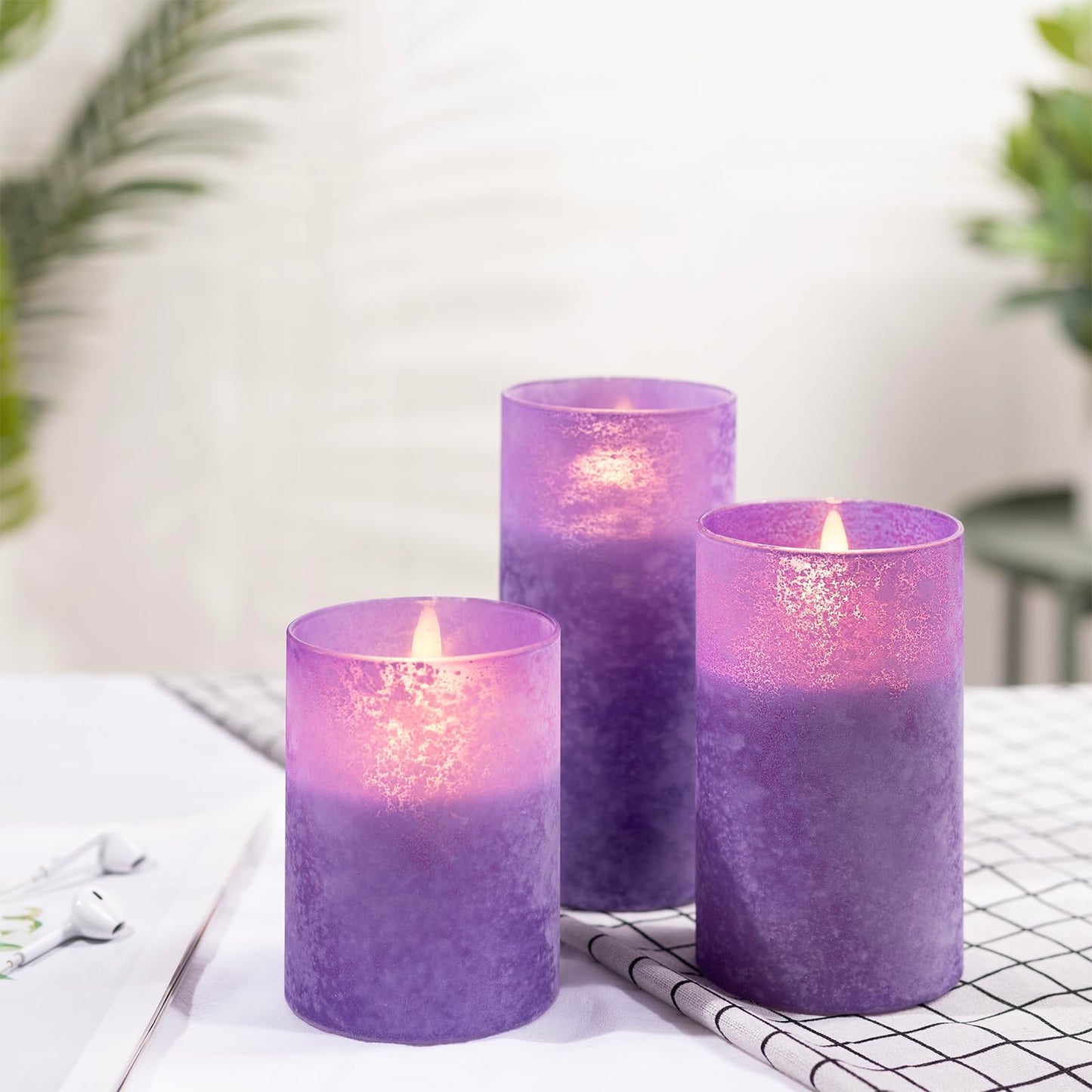 ANGELLOONG Purple LED Candles for Home Decor, Glass Flameless Candles with Remote, Set of 3 Battery Operated Pillar Candle for Fall Halloween Decoration