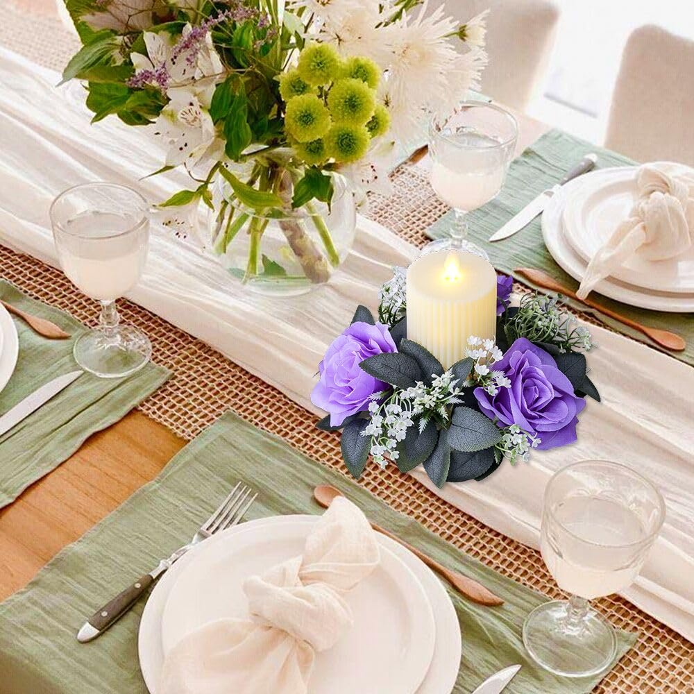 2 Pack Artificial Rose Candle Rings,Floral Wreaths with Eucalyptus Leaves Greenery Garland for Pillar Candle Lantern Wedding Centerpiece Party Home Table Decor (Purple)