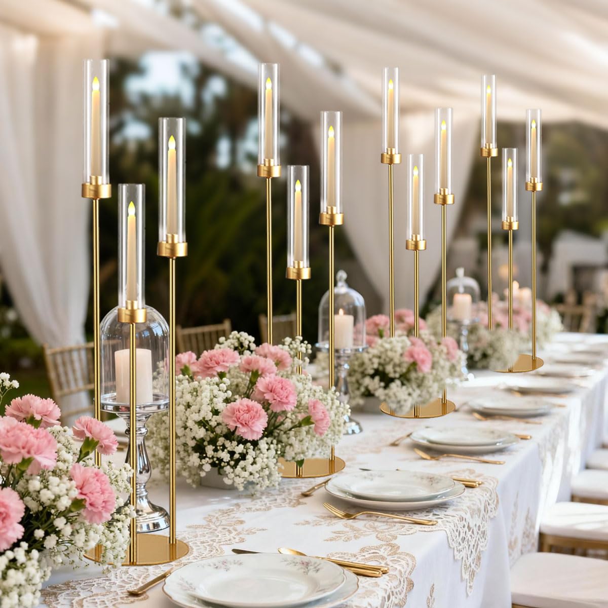 12 Set Gold 3-Arm Candelabra Centerpiece, 33.8 Inch Taper Candle Holder Metal Floor Candlestick Holders for Wedding, Home Party Decoration