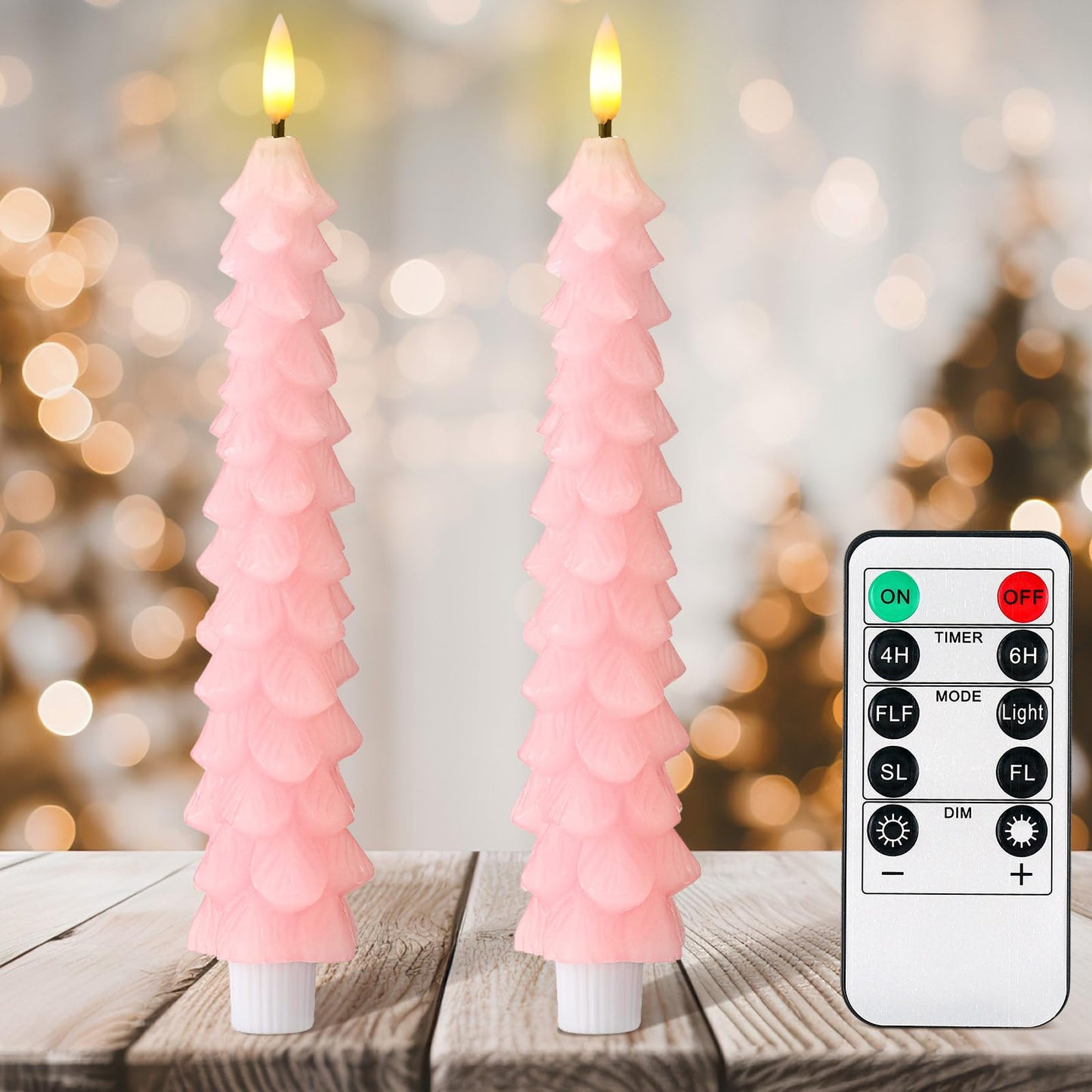 Tujoe 2 Pcs Pink Christmas Tree Flameless Taper Candles with Remote Xmas LED Candlesticks Battery Operated Electric Candlelights 3D Flickering Flame for Holiday Winter Party Table Centerpiece Decor