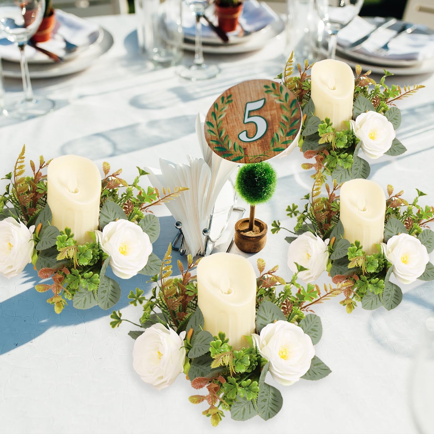 4 Pcs White Rose Candle Rings, Candle Rings Artificial Eucalyptus Leaves Wreaths Candle Rings Wreaths Greenery Wreath Candle Rings for Wedding Centerpiece Party Home Table Decor