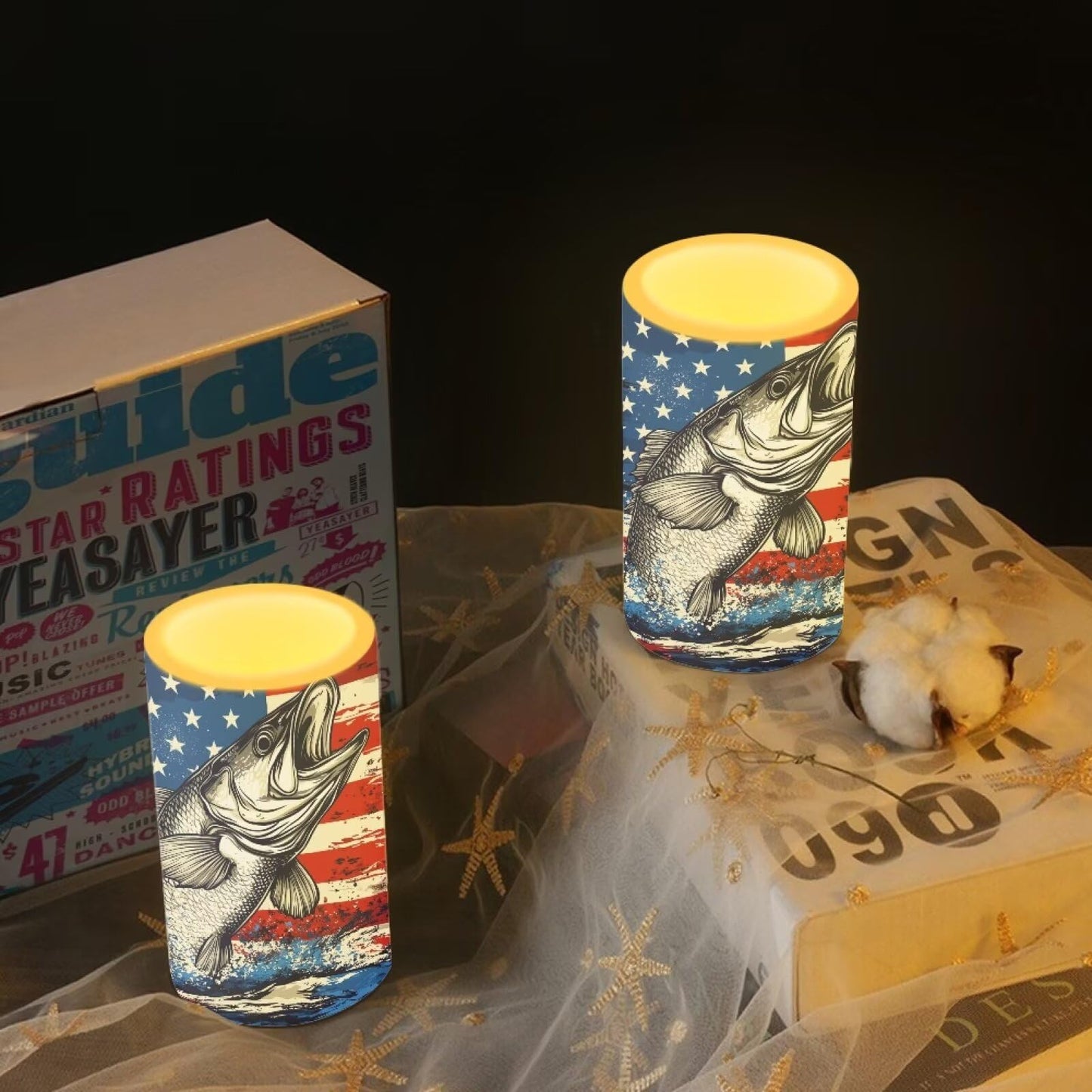 Luarisgur Summer Candles Battery Operated Flameless Candles with Remote and Timer Fish American Flag Electric Candles LED Flickering Candles for Home Farmhouse Room Bedroom Patriotic Decoration