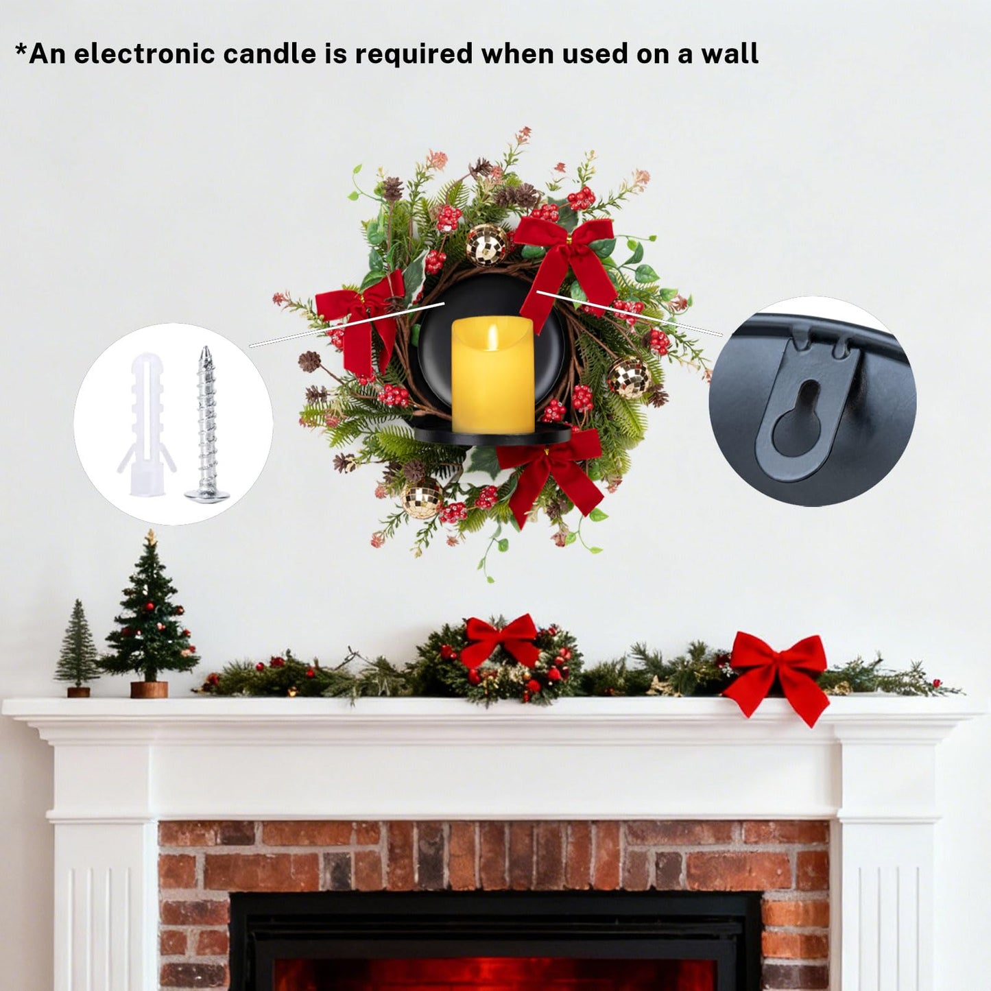 MOYEE Winter Christmas Candle Holder Centerpieces for Tables,Candle Ring, Black Metal Candlestick with an Artificial Wreath 14 in Versatile Dining Table Centrepiece (Red Bow Pinecone Wreath)