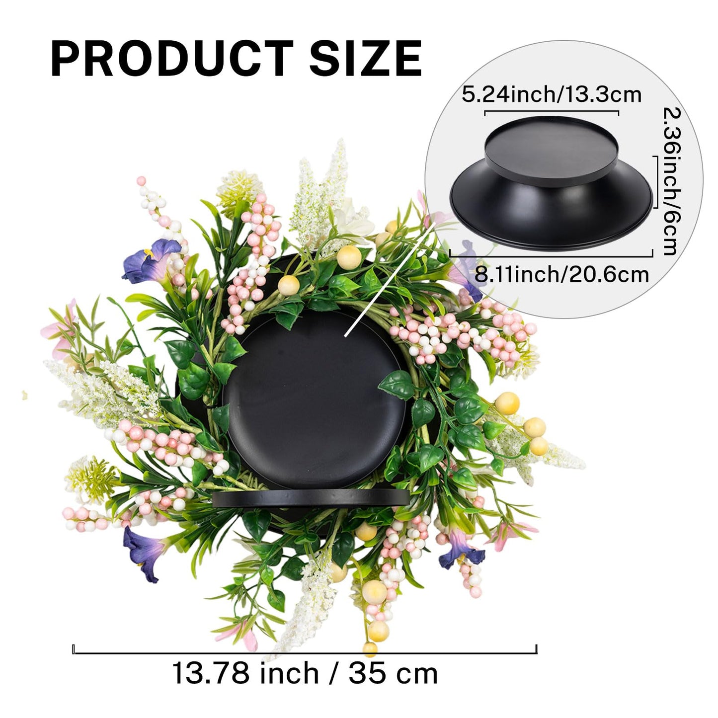 MOYEE Spring Candle Holder Centerpieces for Tables,Candle Ring, Black Metal Candlestick with an Artificial Wreath 14 in Versatile Dining Table Centrepiece (Purple Trumpet Flower Wreath)