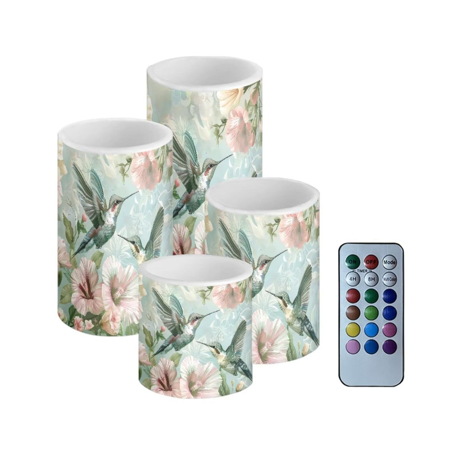Merkmak 4Pcs Flameless Candles with Remote and Timers Flickering Battery Operated Candles Outdoor Flameless LED Pillar Lights for Beach Wedding Coastal Home Decorations, Floral Hummingbird
