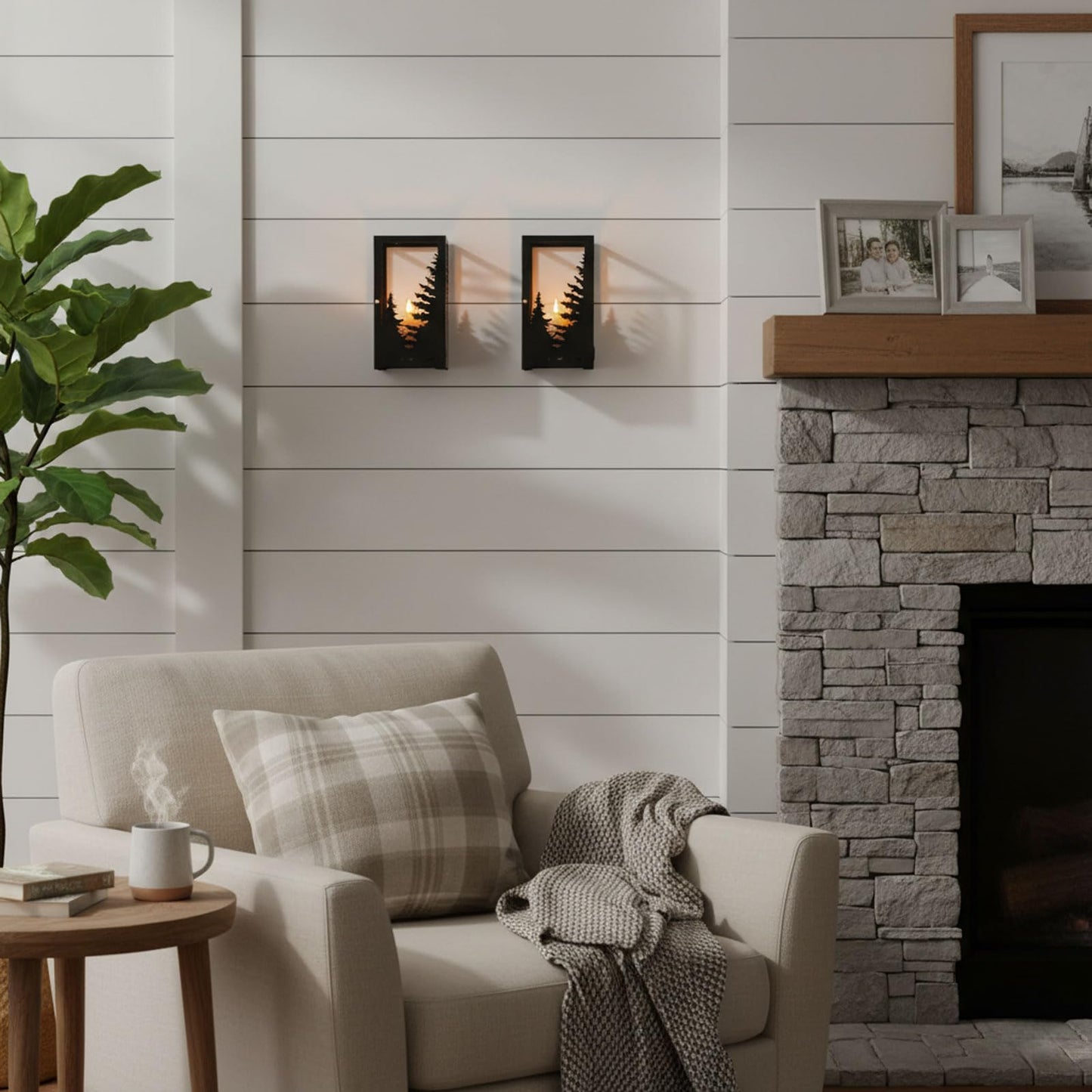 AIM & GGKK Wall Sconce Candle Holder - Set of 2 Black Forest Pine Tree Metal Rustic Candle Sconce for Wall Mount, Geometric Mountain Scene Wall Decor for Living Room, Bedroom
