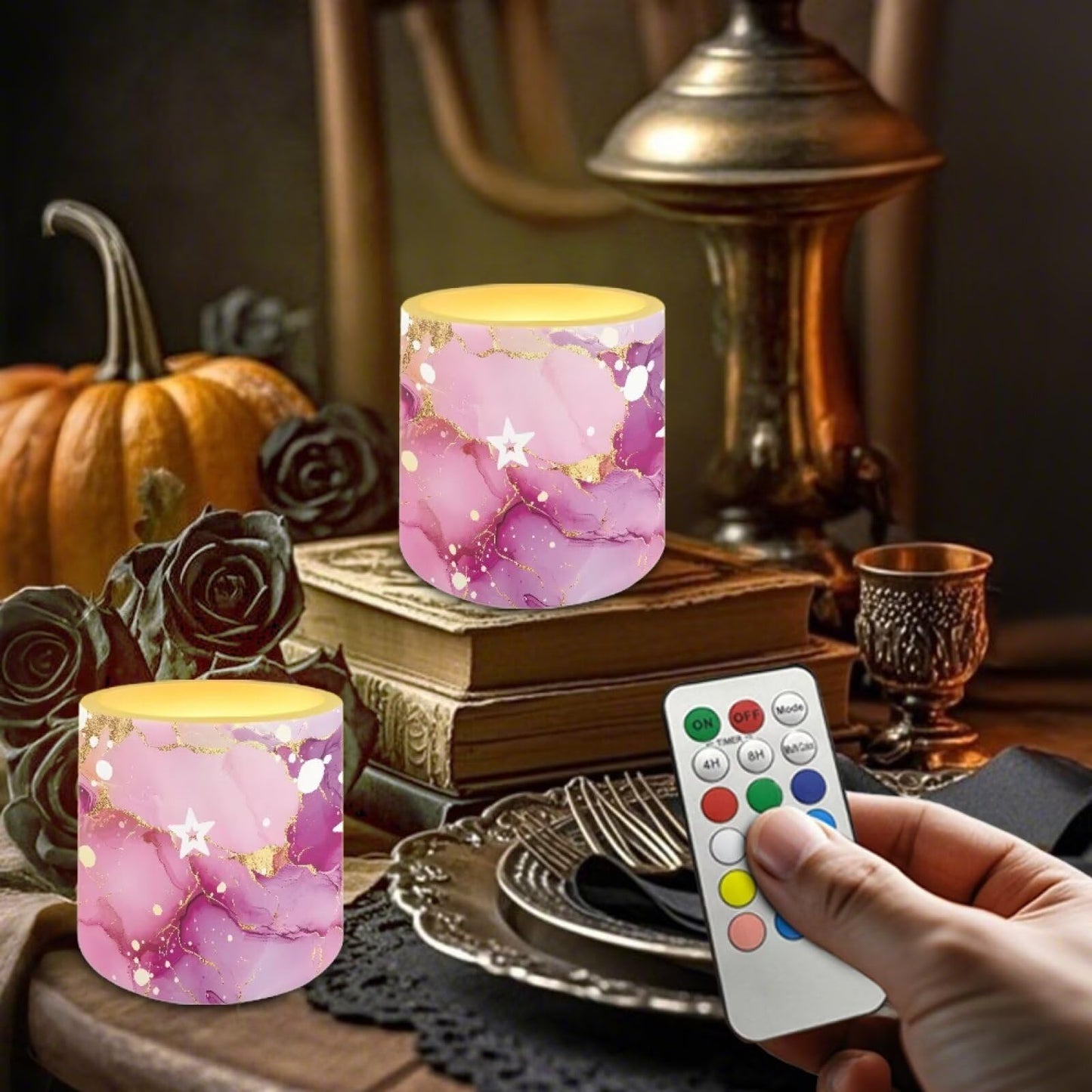 Cozeyat Floral Marble LED Candles Set of 4 Battery Powered Flameless with Remote Timer Flickering Flame Waterproof for Home Beach Garden Decor