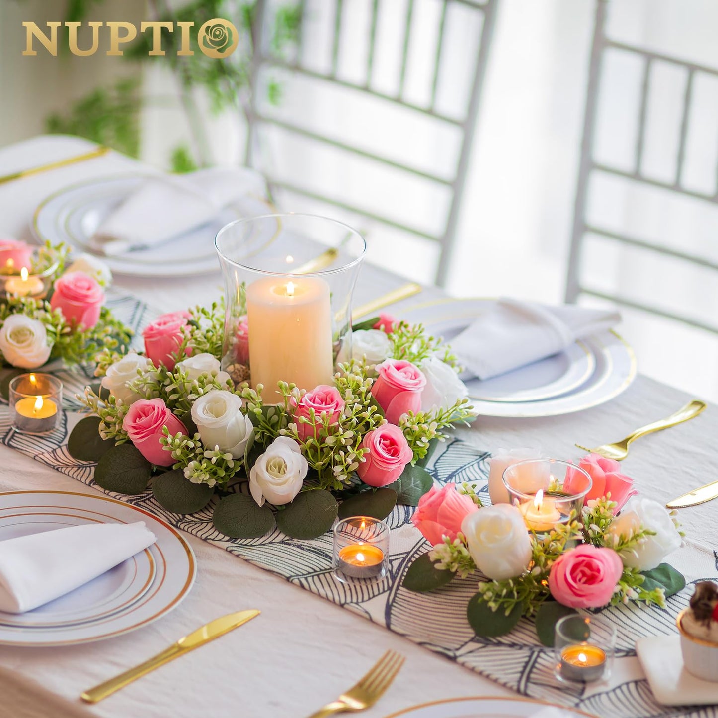 NUPTIO Flower Candle Rings for Centerpieces: 13.4 Inch Artificial Rose Wreath for Wedding Party Christmas - Pink & White Wreaths for Spring Summer Front Door Porch Table Decor 2 Pcs