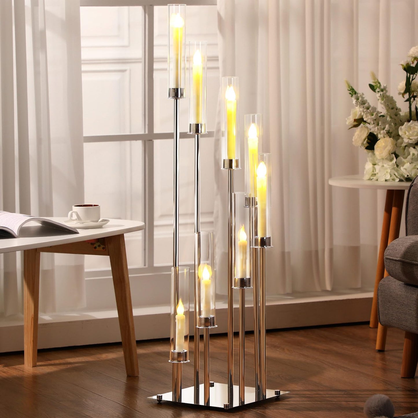 Dandat 41.5" Tall Floor Candelabras, 8-arm Cluster Standing Candle Holders with Clear Acrylic Shades, Silver Wedding Centerpiece Candelabra for Flameless/LED Taper Candles, Party & Event Decor(2 Pack)
