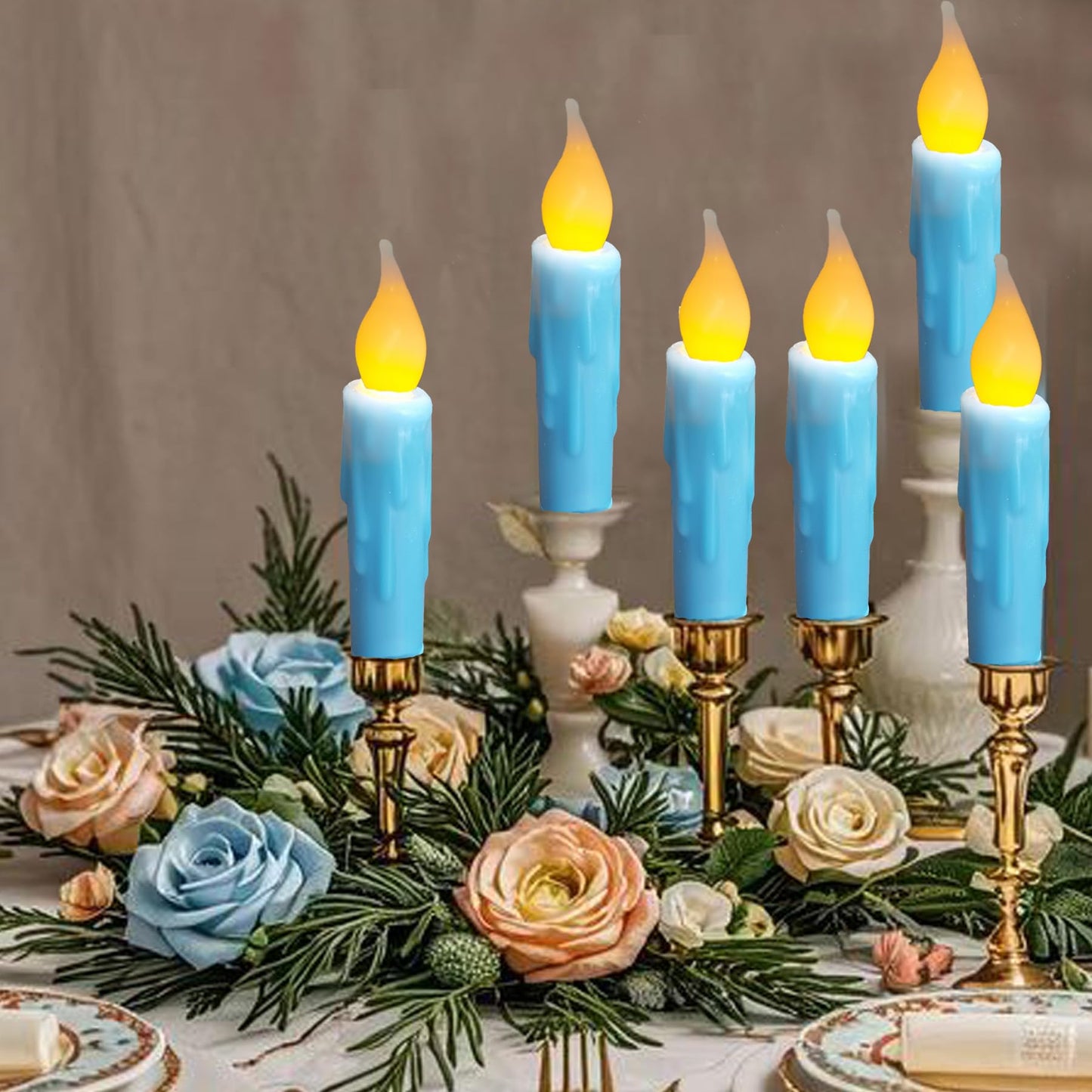 LINCOUNTRY.Primitive Wax Short Taper Candles Battery Operated with Timer Flameless Taper Candles Flickering Flame Small Led Blue Candlesticks for Christmas Halloween Home Decor