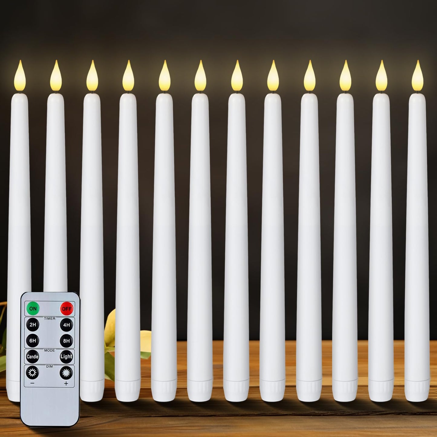 Homemory 12 Pcs Flameless Taper Candles with Remote Timer Dimmer, 11 inches White LED Taper Candles, Plastic Battery Operated Candlesticks with Flickering Flame for Halloween Christmas Wedding Party