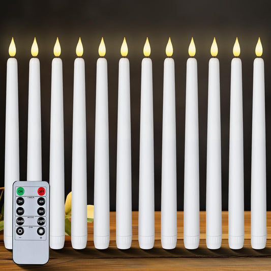 Homemory 12 Pcs Flameless Taper Candles with Remote Timer Dimmer, 11 inches White LED Taper Candles, Plastic Battery Operated Candlesticks with Flickering Flame for Halloween Christmas Wedding Party