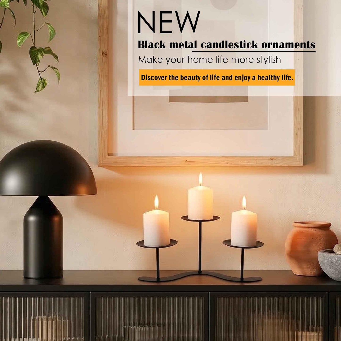 Home Decor Candle Holder Fireplace: 10 inch Metal Pillar Candelabra for Outdoor Wedding Party - Black Candle Stand for Indoor Dining Living Room - Advent Halloween Christmas