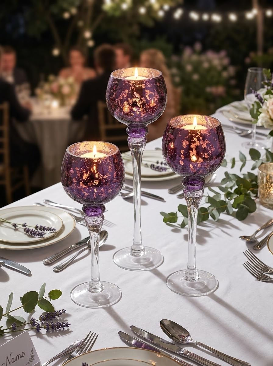 Inweder Glass Tealight Candle Holder: Purple Mercury Votive Holders 9/10/12 Inch Tall Long Setm Floating Candle Holders for Christmas Dining Table Centerpiece Wedding Party Halloween Set of 3