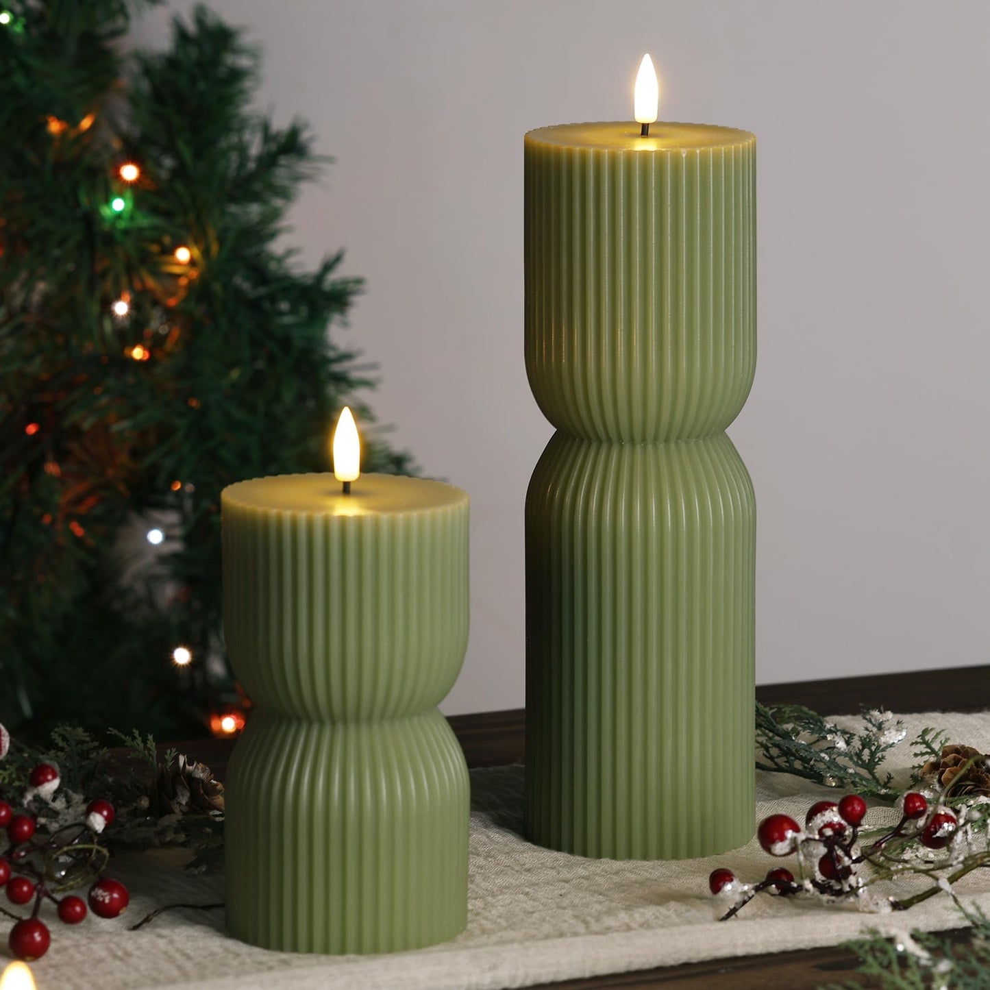 Girimax Olive Green Ribbed Flameless Pillar Candles with Remote, LED Candles Battery Operated Flickering Real Wax Set of 2