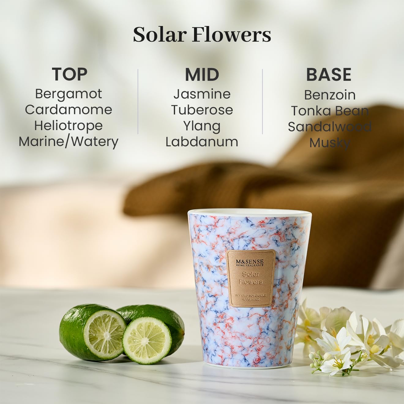 M&SENSE Solar Flowers Scented Soy Candle, 3 Wick Highly Scented 14.1 Oz 75H, Aromatherapy Christmas Gift for Women and Men