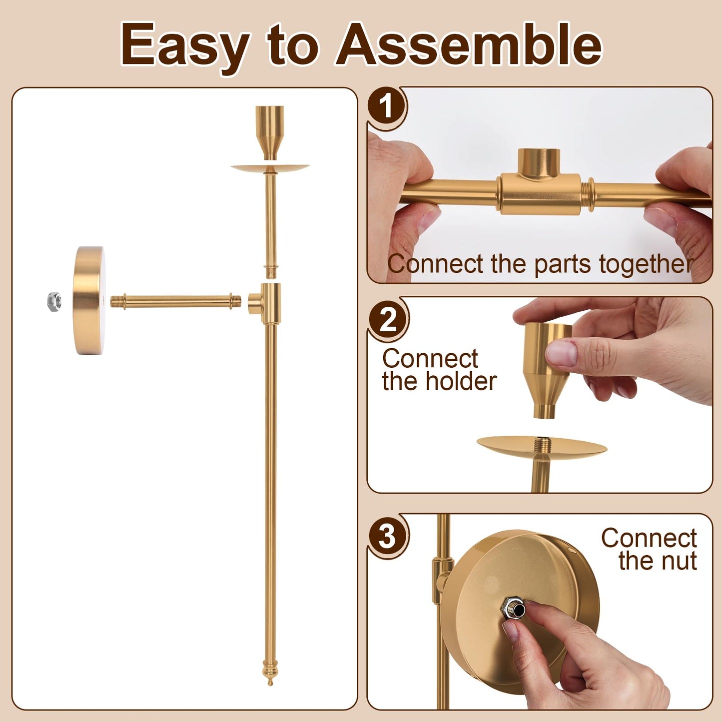 Yollzey Candle Holder Wall Sconces Set of 2 with Battery Operated Candles and Remote Control, Wall Sconces Home Decor, Battery Candles Candle Sticks Holder with Flameless Flickering Taper Timer Gold