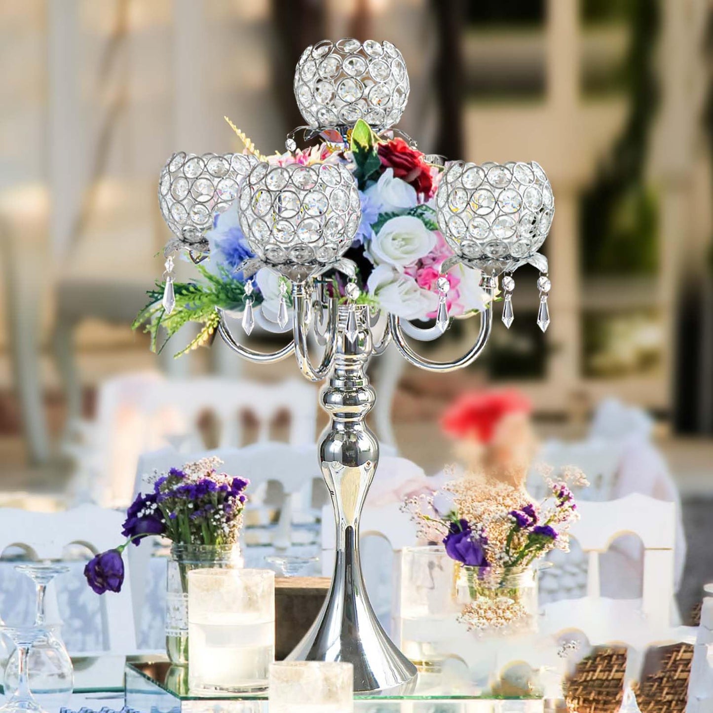 5 Arm Crystal Strap Pendant Silver Table Decor Candelabra Set of 2, 22.5 inches Elegant Dining Room Centerpieces for Holiday Parties Weddings