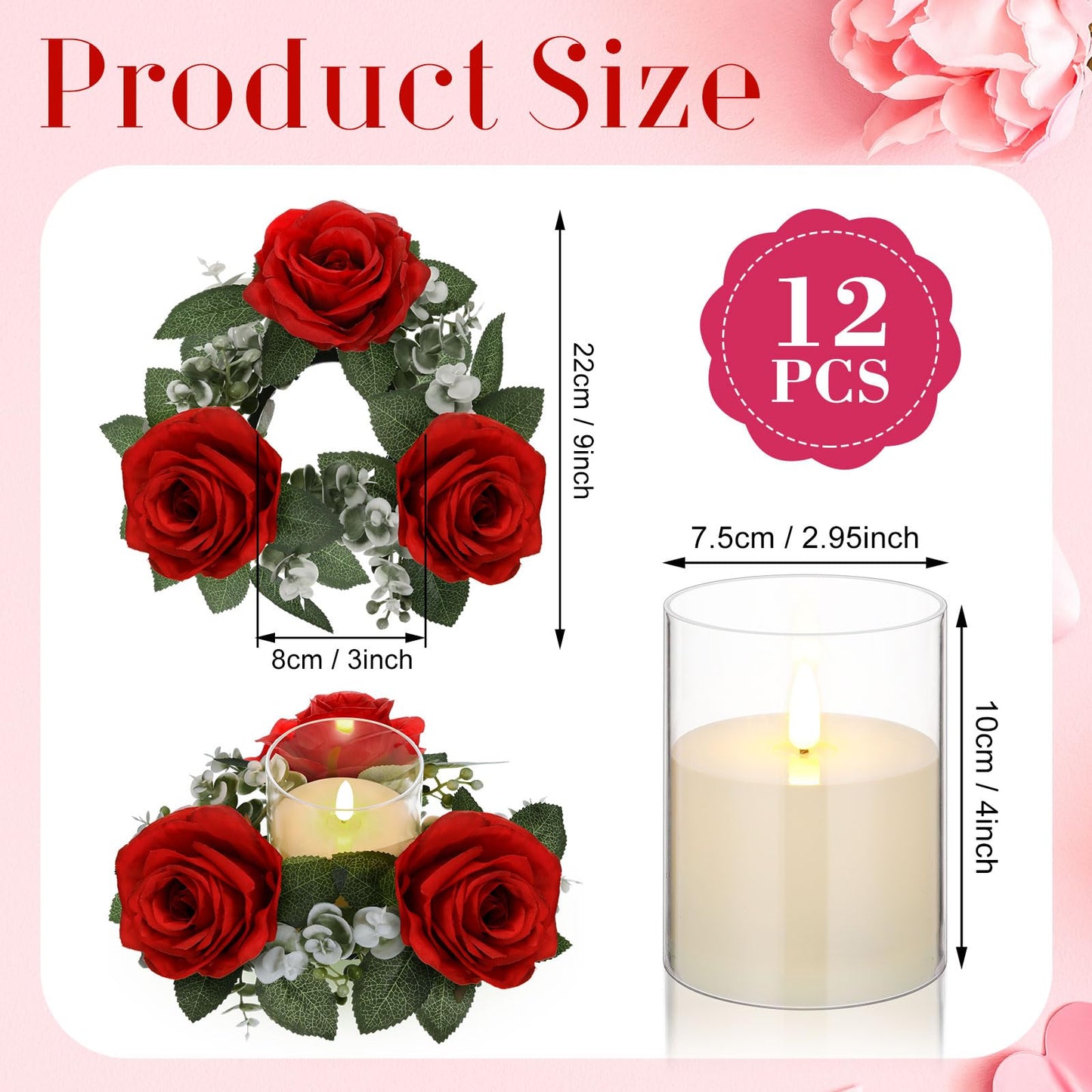 Yunlly 12 Pcs Rose Candle Rings with Flameless Candles Sets, Artificial Flower Eucalyptus Wedding Centerpiece 3 Inch Pillar Candleholders Wreaths for Wedding Party Mother's Day (Red)
