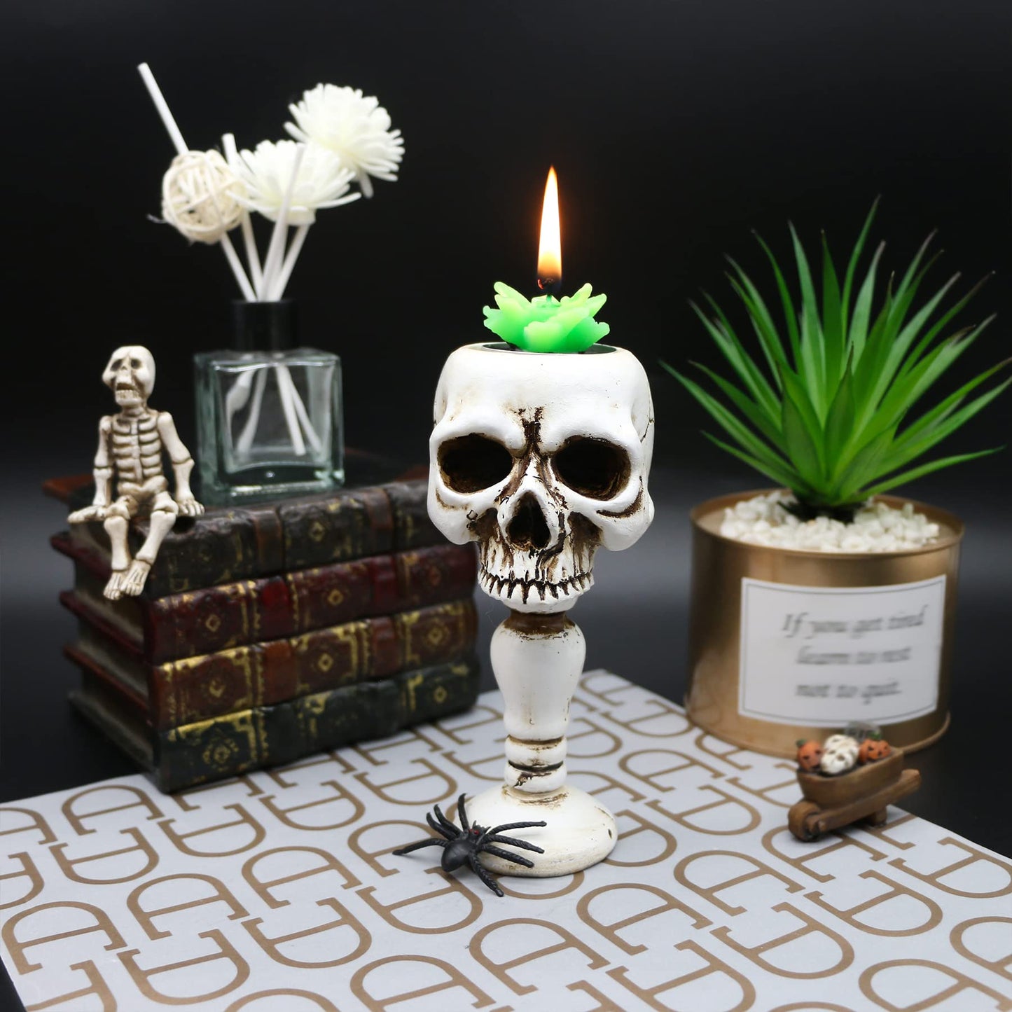 Skull Candle Holder - Gothic Tabletop Cranium Skeleton Head Candlestick Retro Spooky Desktop Tealight Cup Horrible Home Office Bar Party Graveyard Decor