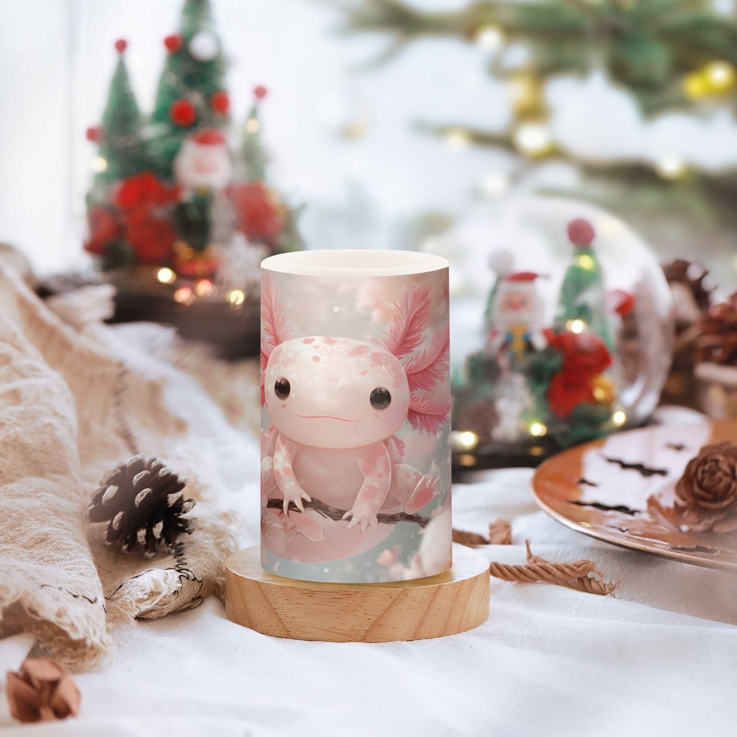 Flameless Candles with Remote Timer,Pink Axolotl Cherry Blossom Battery Operated Candles Set of 2 LED Tea Lights Flickering Pillar Votive Candles for Indoor Outdoor Decor