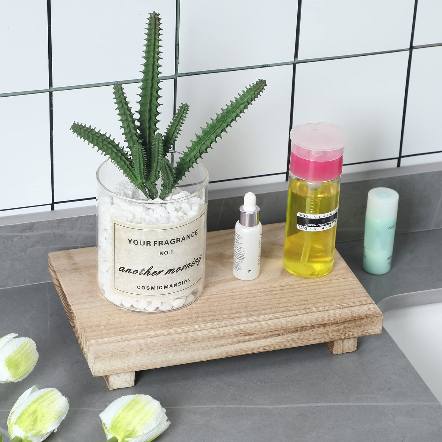Nuogo Wood Riser Tray Soap, Stand Soap Tray for Kitchen Sink, Wood Pedestal for Kitchen Counter Sink Stand Decorative Rustic Bathroom Dishes Plant Bottles Candles Display(9 x 6 Inch,Natural)