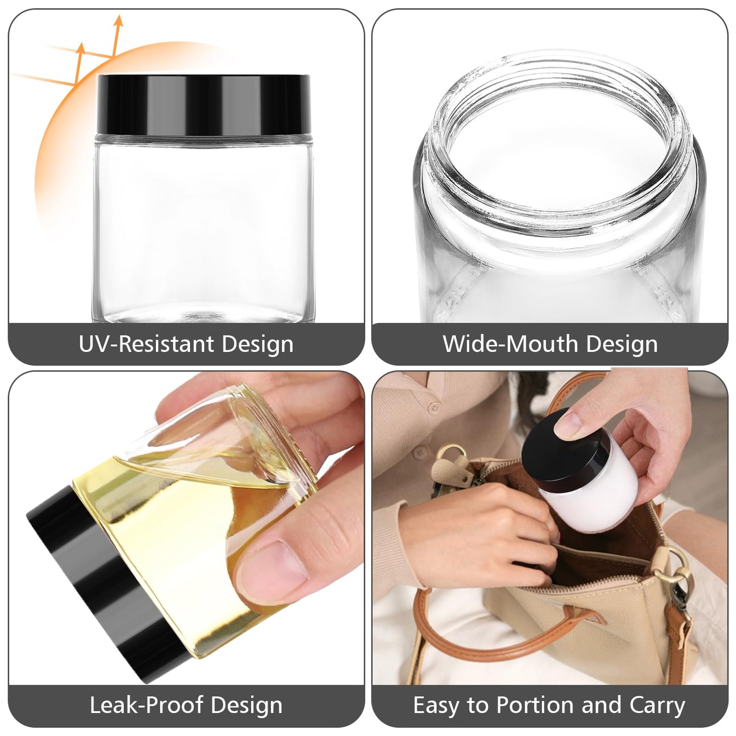 Accmor 8 oz Glass Jars with Black Lids, 2 Pack Glass Jars with Inner Liners, 250g Wide Mouth Makeup Sample Container, Leakproof Round Airtight Cosmetic Containers for Lotions, Creams, Candle Making