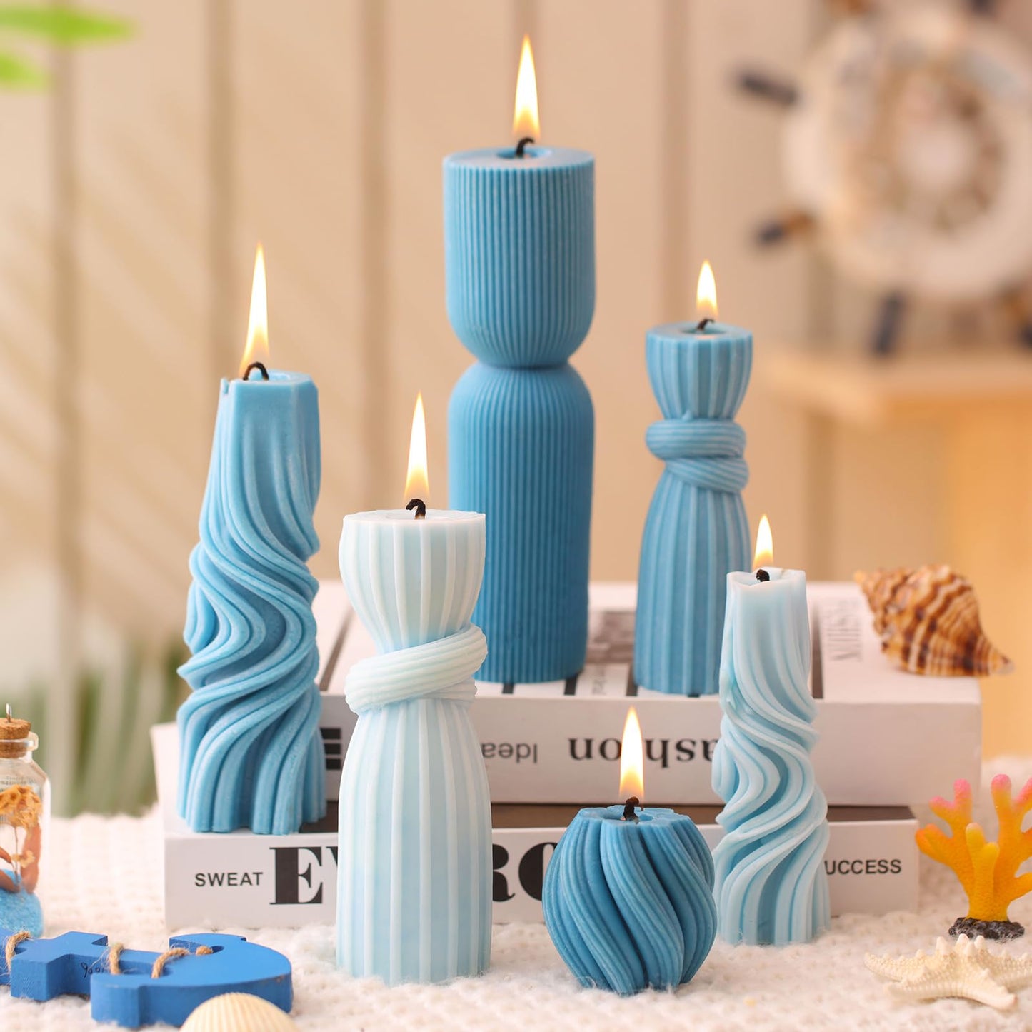 Threlaco 6 Pcs Pillar Candles Decorative Modern Aesthetic Ribbed Candle Set Cute Soy Wax Scented Ribbed Decor Commemorative Gift for Home Decoration(Blue,2.36-6.89 Inch)
