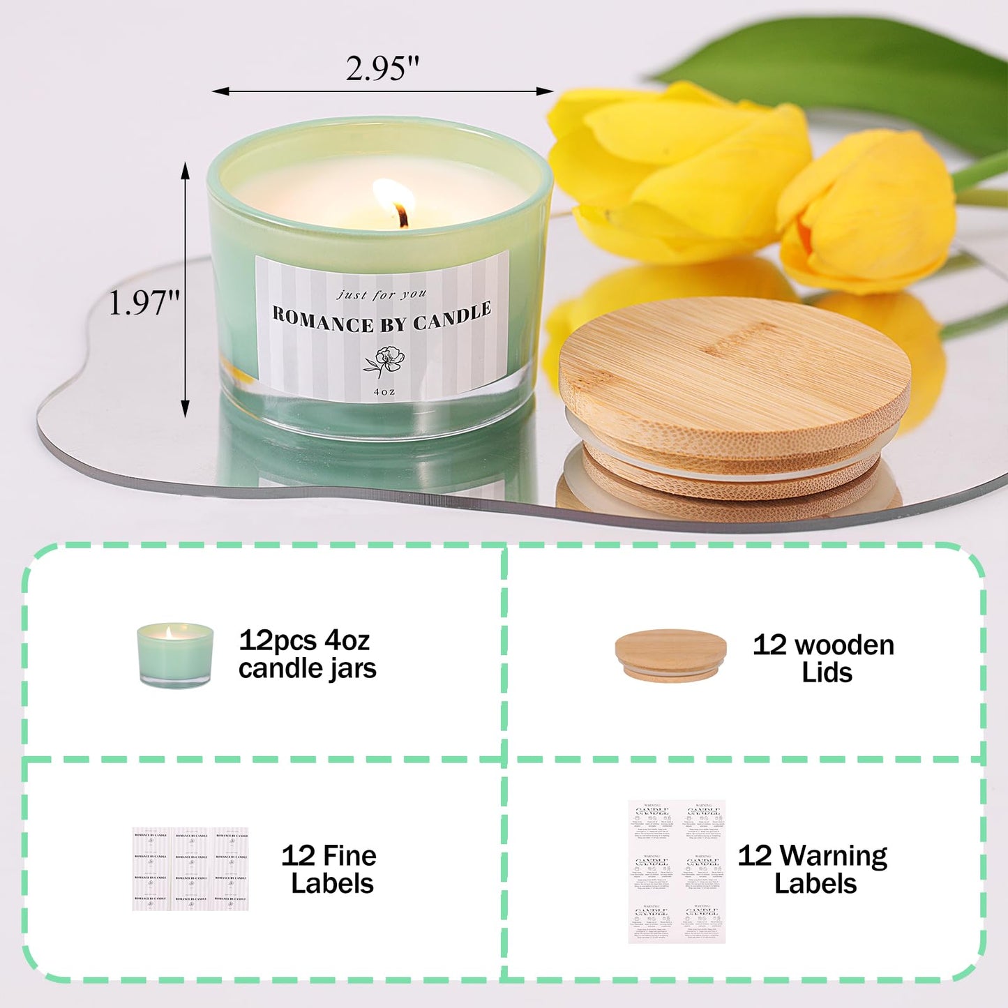 REISEN 12 PCS Green Candle Jars for Making Candles, 4 OZ Glass Jars with Bamboo Lids and Sticky Warning Labels, Candle Containers for DIY Gifts, Candle Making Supplies