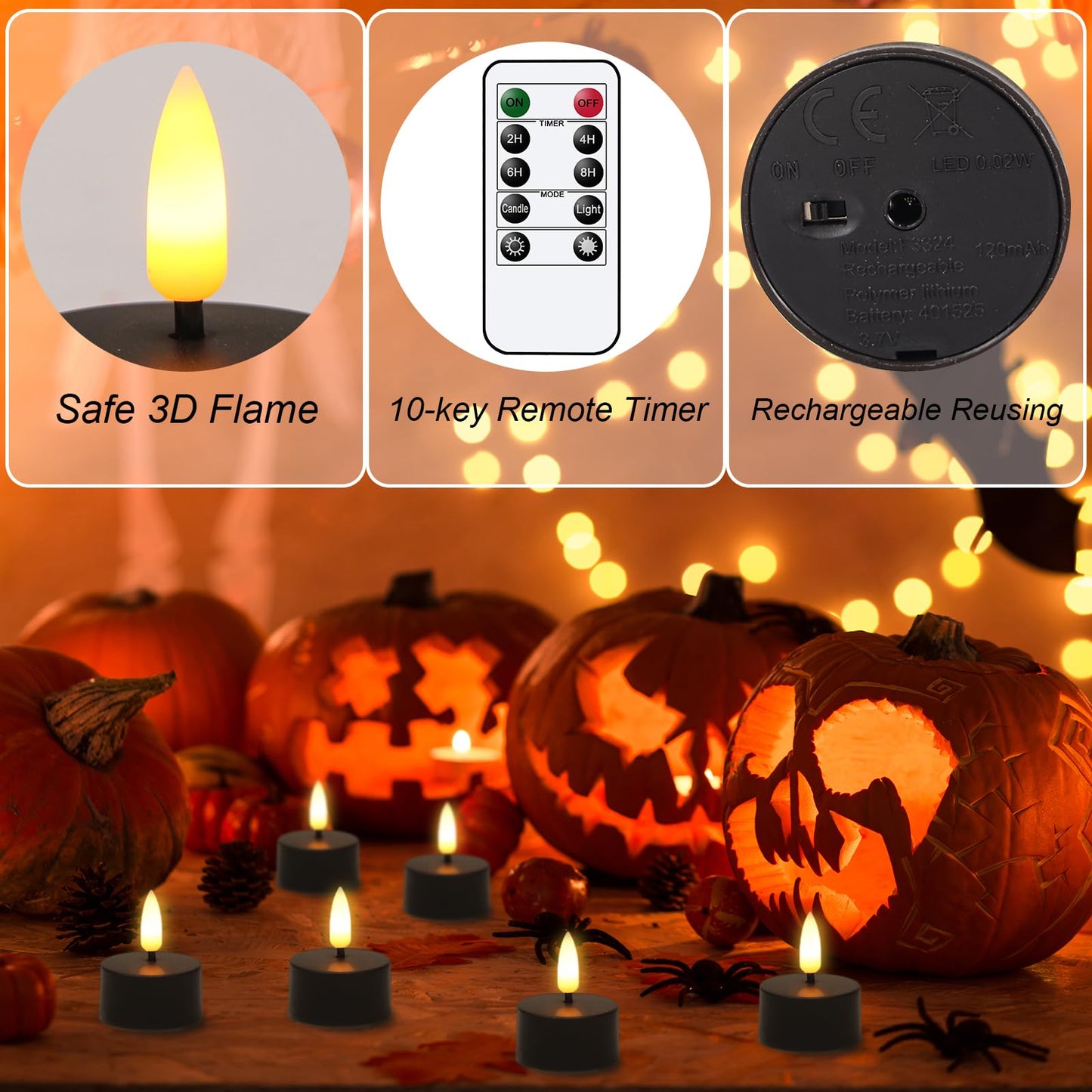 GenSwin 12 Rechargeable Tea Lights Candles with Charging Base and Remote Timer, Flameless LED Tealight Candles Battery Operated Halloween Fall Wedding Table Centerpieces (Black, 1.57” x 1.85”)
