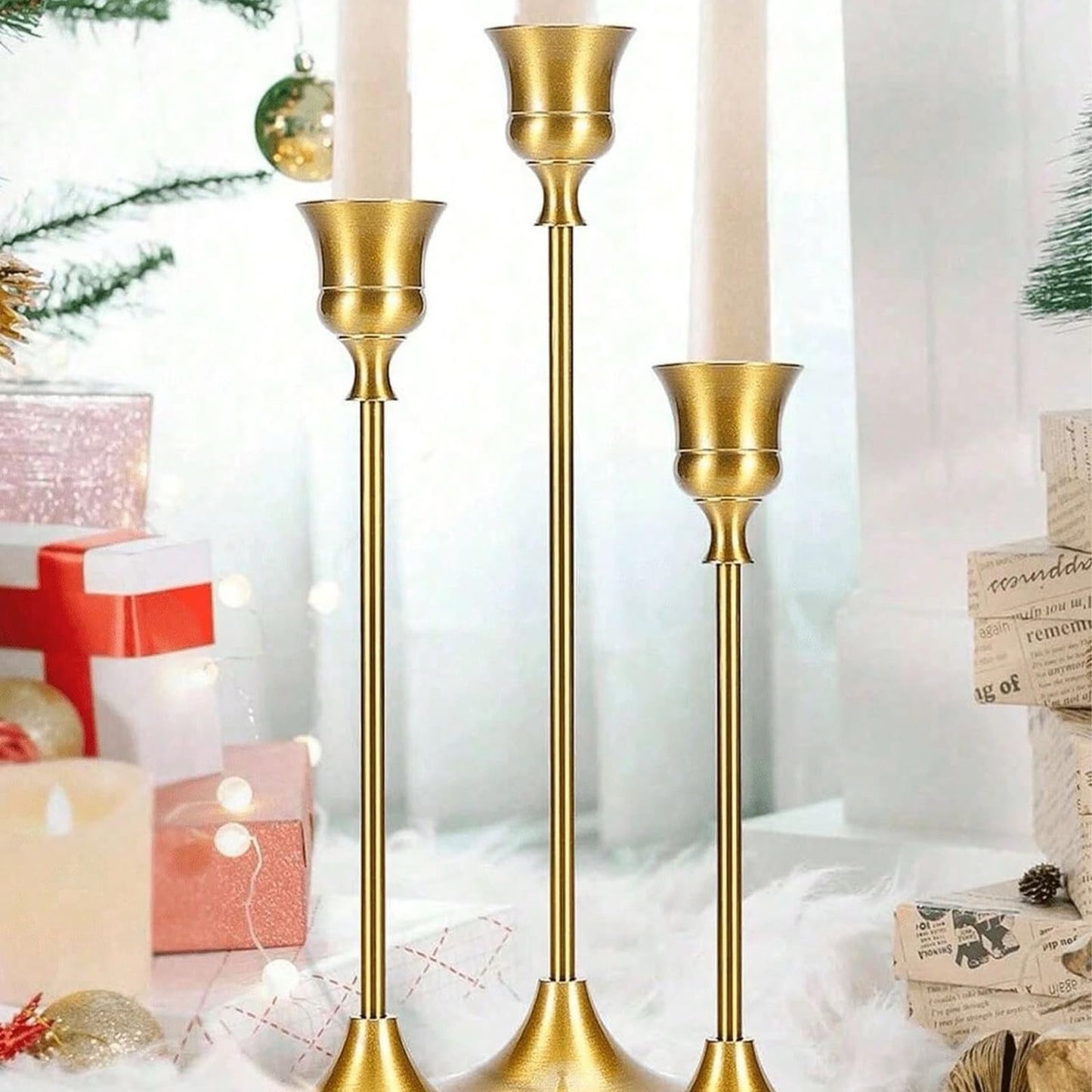Pesonlook Brass Gold Candlestick Holders 15 PCS Metal Taper Candle Holders,Tall Metal Candlestick Holders for Table Centerpiece,Wedding,Party,Dinner Home Decoration