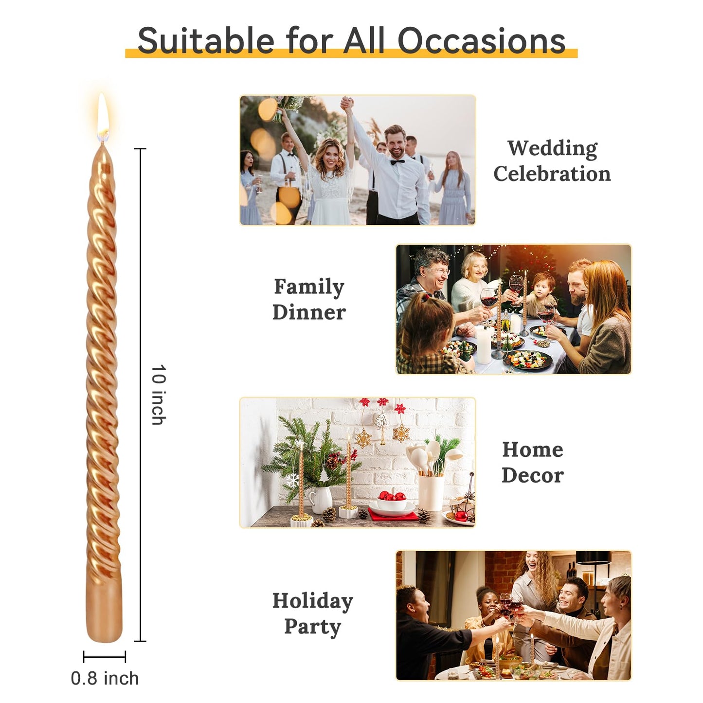 10 Inch Bronze Spiral Taper Candles Set for Holiday Decor, 12 Pack Unscented Twisted Candlesticks, Dripelss Thin Tapered Candles for Wedding Dinner Parties Galas Award Ceremonies Religious